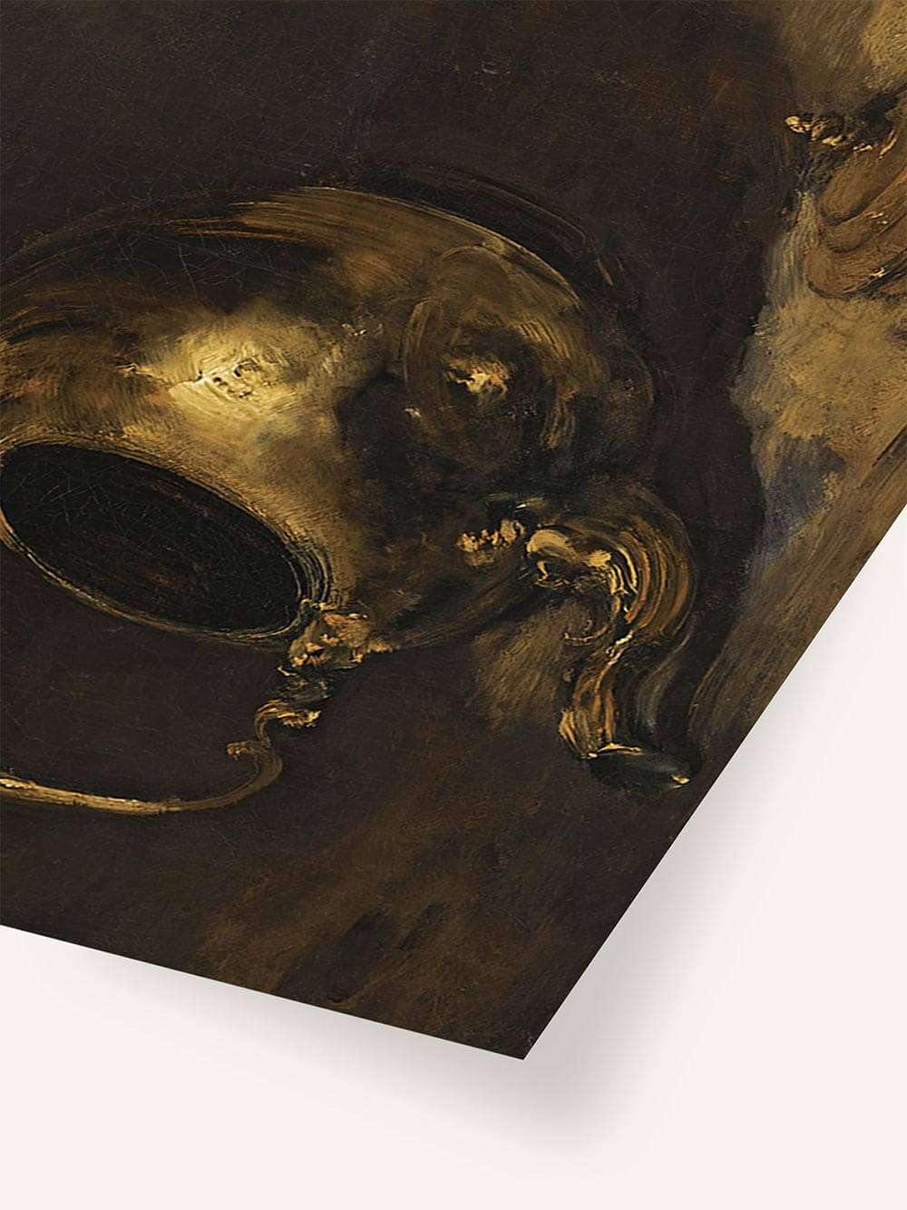 Nahaufnahme des Kunstdrucks mit goldener Teekanne zeigt fein gemalte Pinselstruktur und Lichtreflexe. Barockes Stillleben in erdigen Brauntönen mit Patina-Charakter.