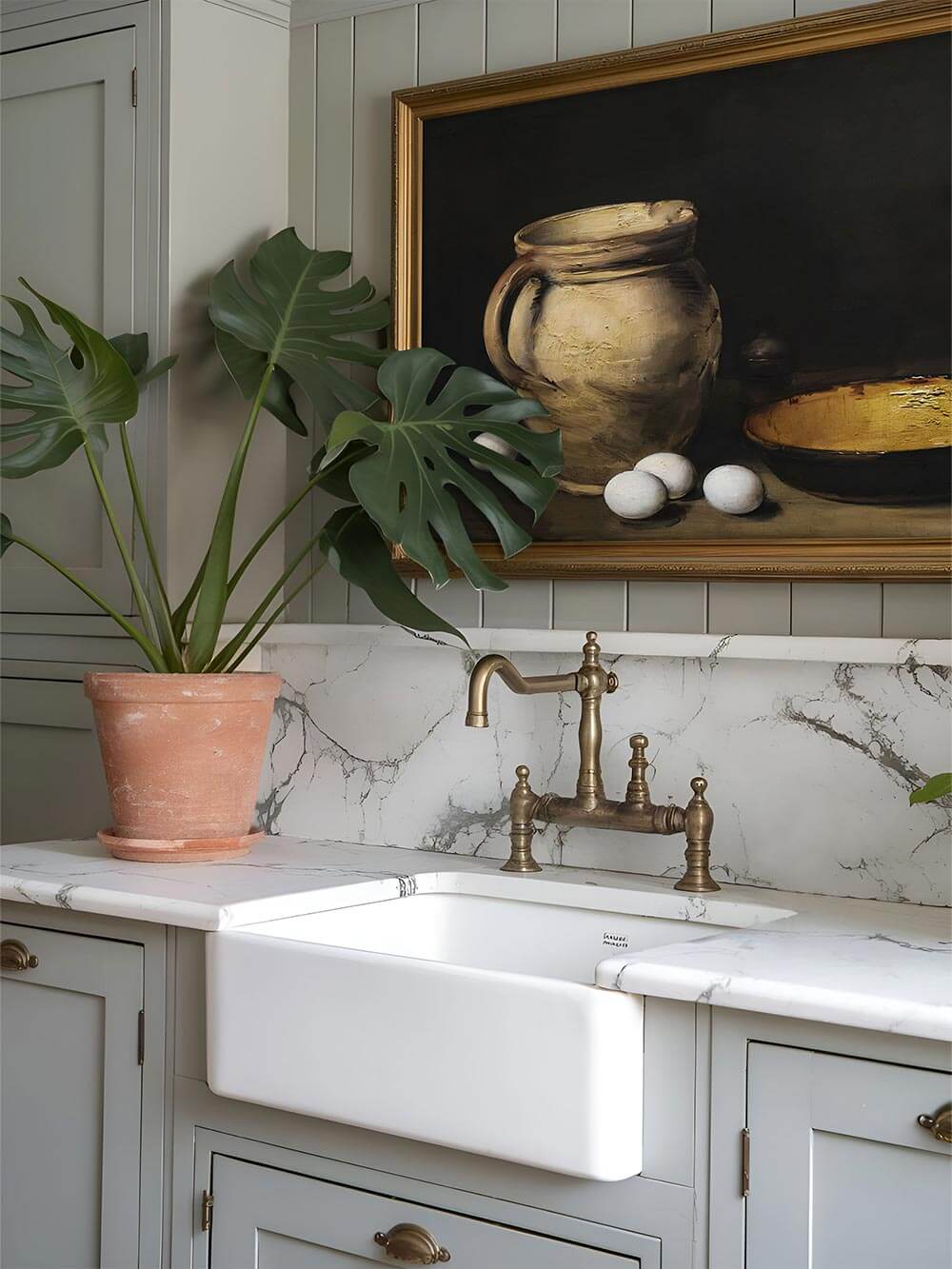 Küchen-Wandbild mit rustikalem Stillleben, eingerahmt in Gold, über einer weißen Landhausspüle mit Marmorplatte und Messingarmaturen – elegante Vintage-Dekoration für stilvolle Küchen.