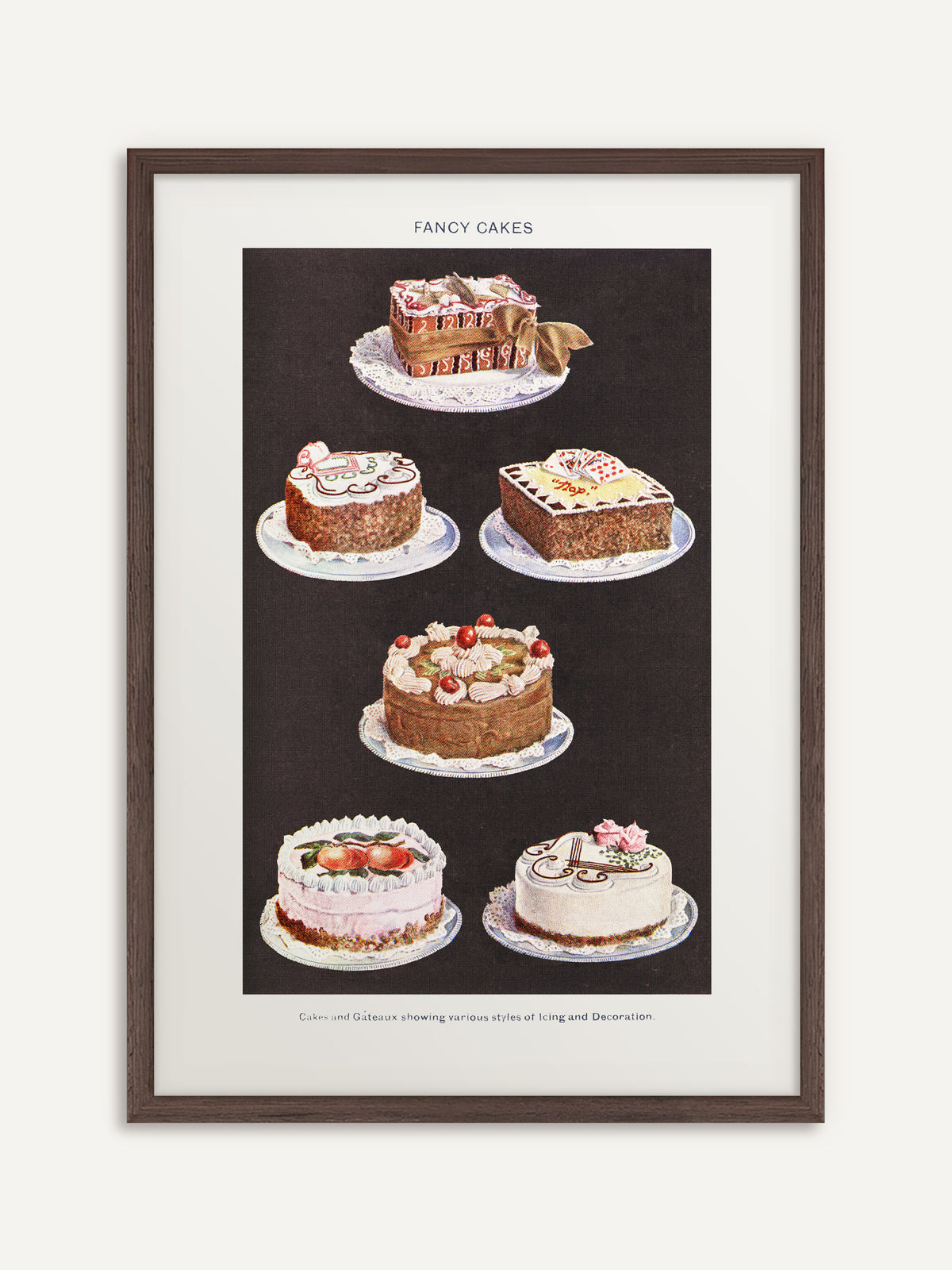 Poster, das sechs verzierte Torten auf Spitzendeckchen vor schwarzem Hintergrund zeigt, mit Zuckerguss, Sahnetupfen, Kirschen und Zuckerrosen, darüber der Titel Fancy Cakes. Der dunkle Holzrahmen erinnert an eine alte Konditorei. #Rahmen_Dunkles Holz
