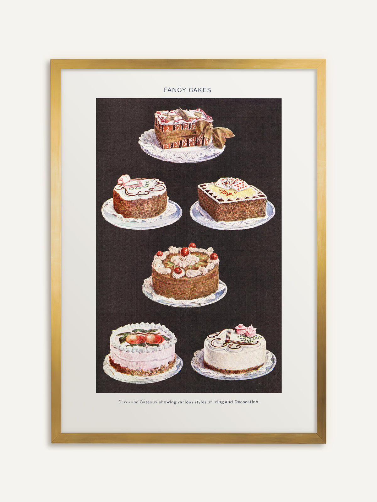 Wandbild, das sechs verzierte Torten auf Spitzendeckchen vor schwarzem Hintergrund zeigt, mit Zuckerguss, Sahnetupfen, Kirschen und Zuckerrosen, darüber der Titel Fancy Cakes. Gold gerahmt wirkt die Vintage-Tafel festlich. #Rahmen_Gold