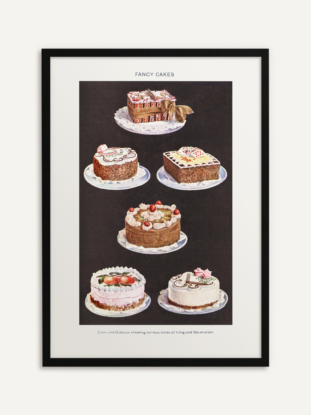Gerahmtes Poster, das sechs verzierte Torten auf Spitzendeckchen vor schwarzem Hintergrund zeigt, mit Zuckerguss, Sahnetupfen, Kirschen und Zuckerrosen, darüber der Titel Fancy Cakes. Der schwarze Rahmen nimmt den dunklen Grund auf. #Rahmen_Schwarz
