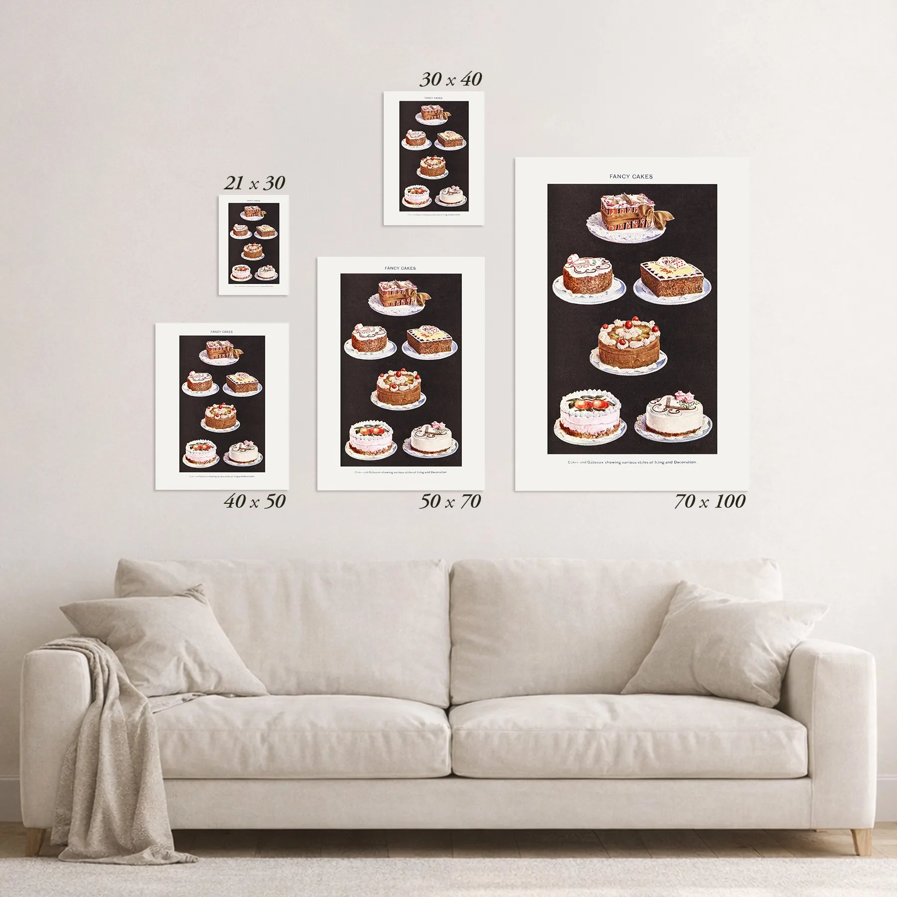 Aperçu schématique des formats disponibles au-dessus d'un canapé.