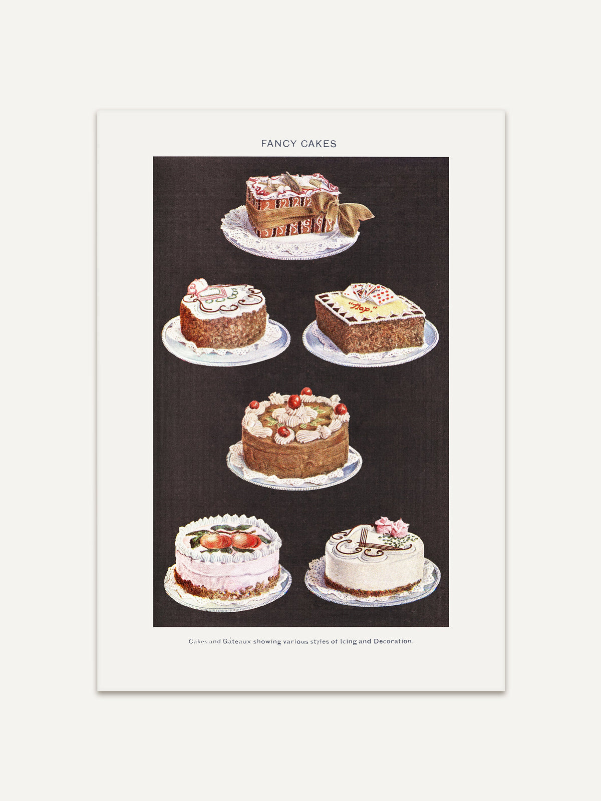 Vintage-Kunstdruck von sechs kunstvoll dekorierten Kuchen auf schwarzen Tellern, aus Mrs. Beeton’s 1923 Book of Household Management, in einem minimalistischen Stil. #Rahmen_Ohne Rahmen