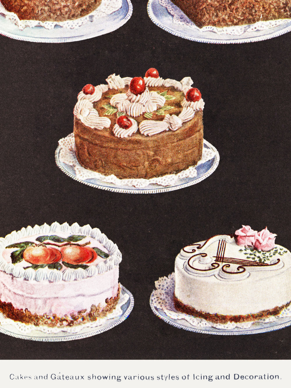 Nahaufnahme eines Vintage-Kunstdrucks von kunstvoll dekorierten Kuchen mit verschiedenen Zuckerguss- und Dekorationsstilen, inklusive Früchten, Sahnetupfen und Rosendesign, aus Mrs. Beeton’s 1923 Buch.