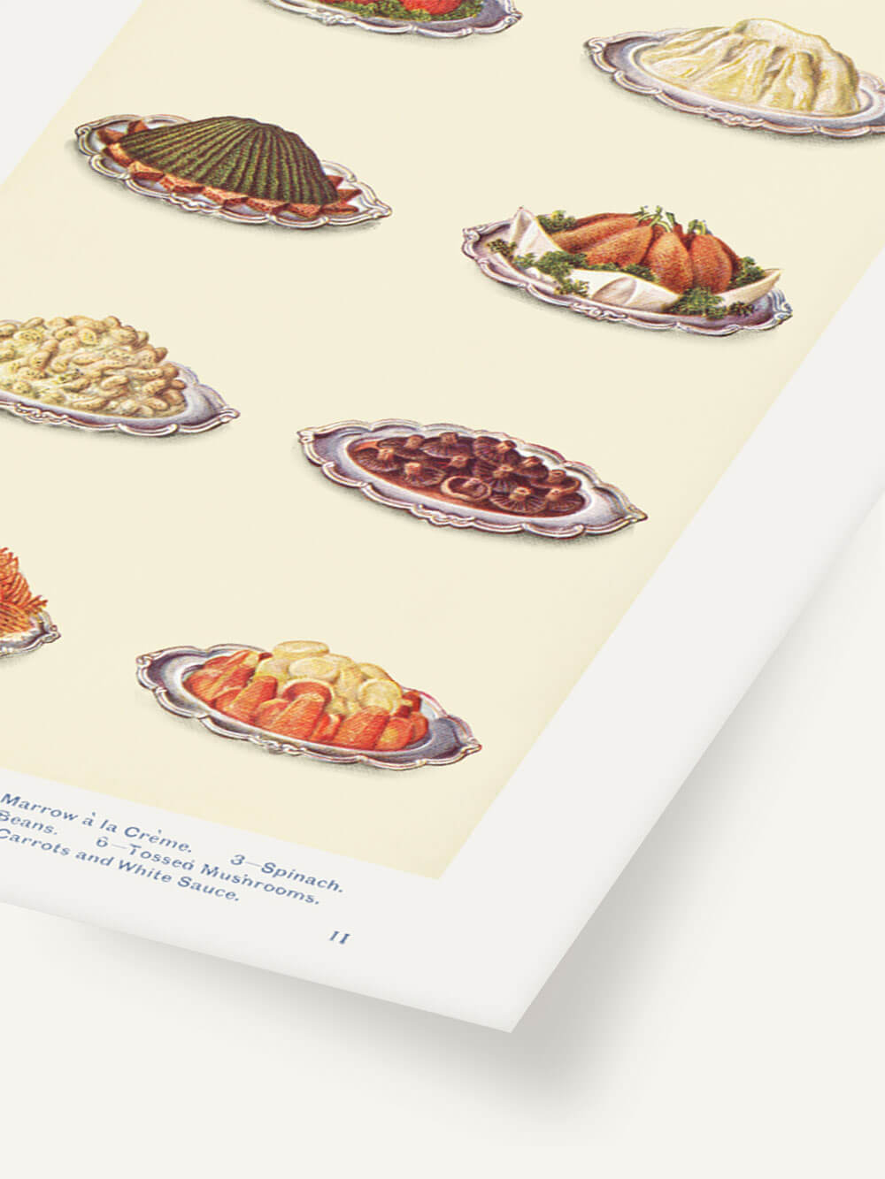 Detailansicht eines Vintage-Kunstdrucks von angerichteten Gemüsegerichten, darunter neue Karotten in Weißsoße, gedünsteter Spinat und gefüllte Tomaten, auf einem cremefarbenen Hintergrund.