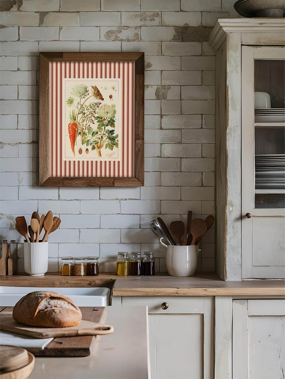 Botanische Küchenkunst im Vintage-Look, eingerahmt in rustikales Holz und aufgehängt an hellgrauer Fliesenwand – zeigt detailreiche Pflanzendarstellung mit Karotte und Blütenteilen auf cremefarbenem Grund.