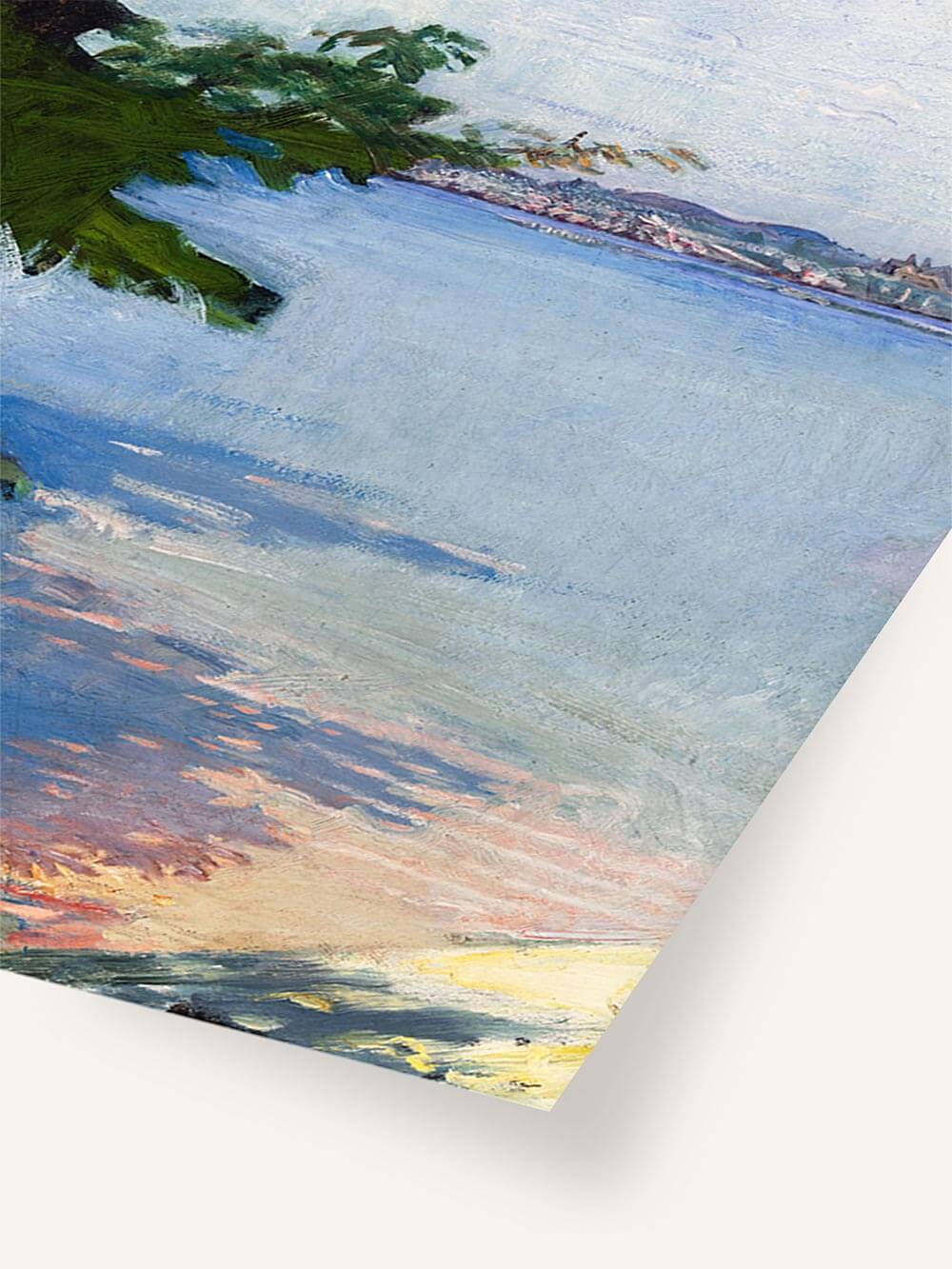 Detailaufnahme eines impressionistischen Seelandschaft-Kunstdrucks mit satten Blautönen, goldenen Lichtreflexen und expressiven Pinselstrichen – künstlerische Wandkunst mit lebendiger Struktur.