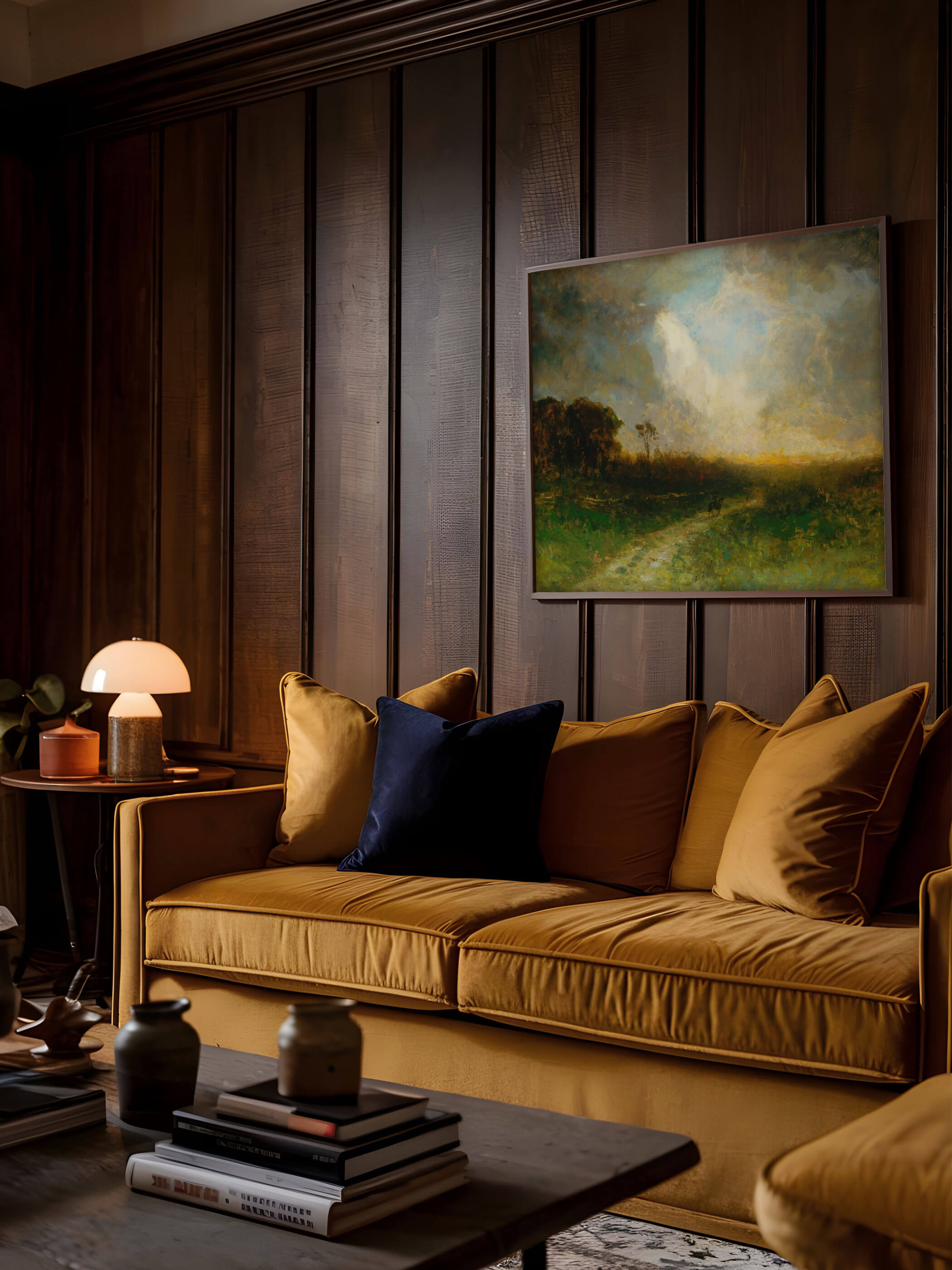 Vintage-Landschaftsdruck an der Wand eines gemütlichen Wohnzimmers mit senffarbenem Sofa und dunklen Holzwänden.