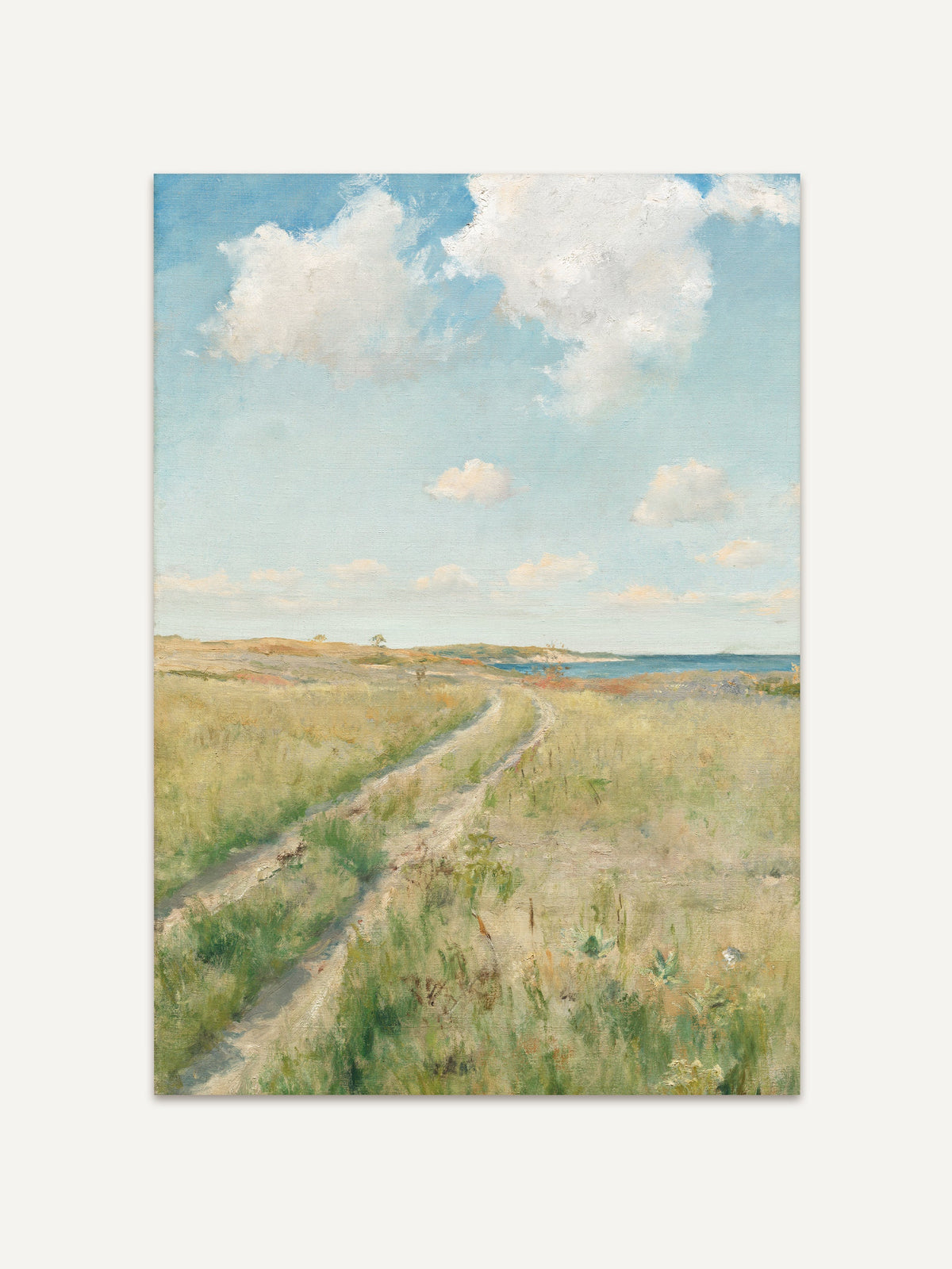 Vintage-Kunstdruck einer sonnigen Küstenlandschaft mit einem grasbewachsenen Pfad, der zum Meer führt, unter einem klaren blauen Himmel mit weißen Wolken. Das Bild vermittelt eine ruhige, sommerliche Atmosphäre. #Rahmen_Ohne Rahmen