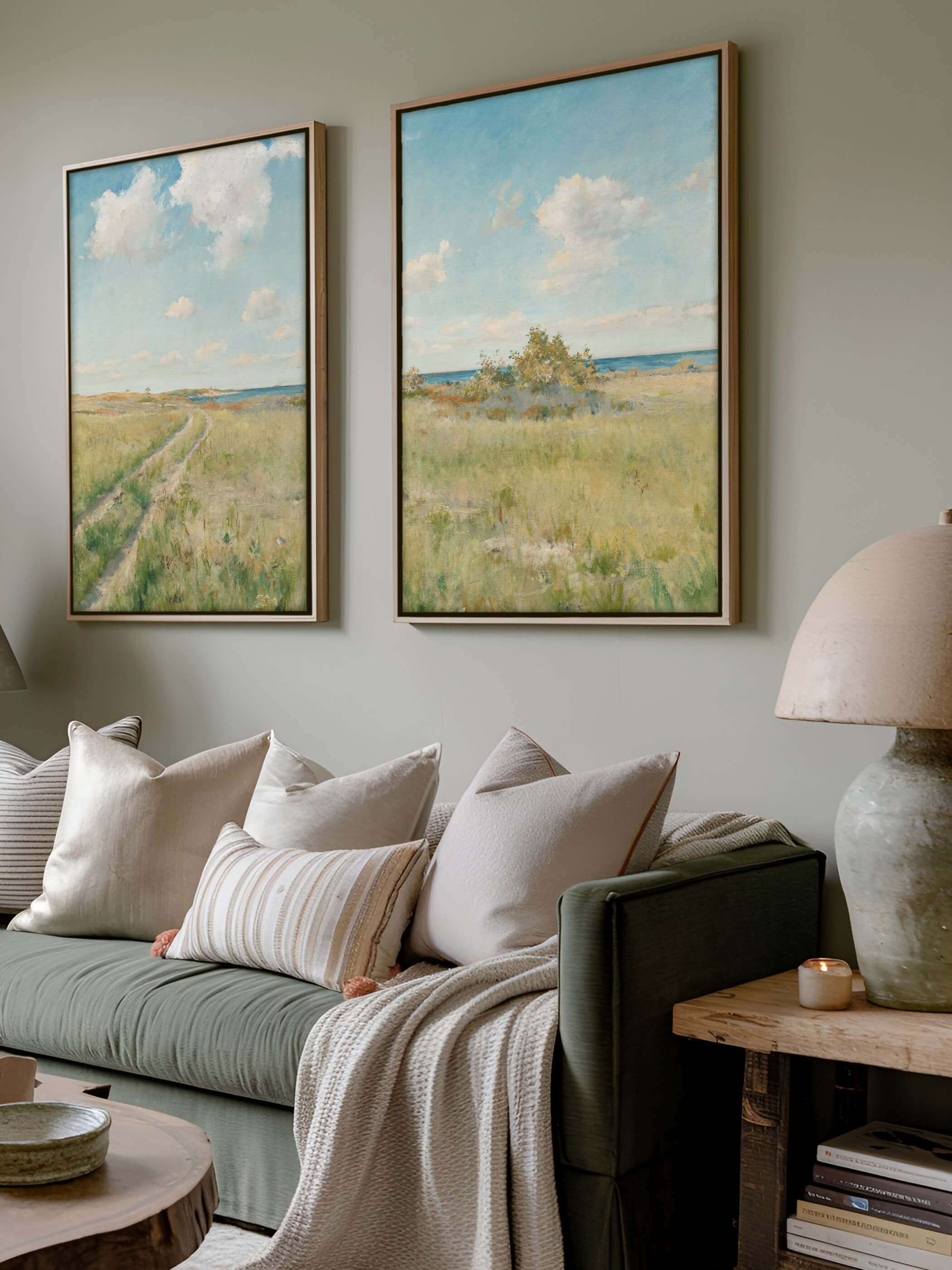 Zwei gerahmte Vintage-Kunstdrucke einer sonnigen Küstenlandschaft, elegant an der Wand eines gemütlichen Wohnzimmers platziert, das mit weißen Kissen und einer dezenten Dekoration gestaltet ist.