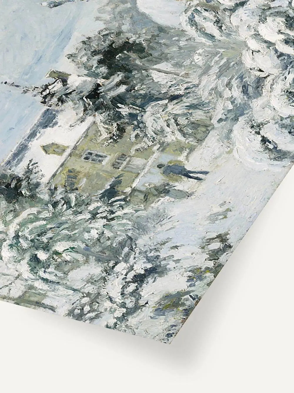 Detailaufnahme des Winterlandschaft Kunstdrucks mit schneebedeckten Bäumen und kräftigen Pinselstrichen, die Textur und Farbspiel des impressionistischen Stils sichtbar machen.