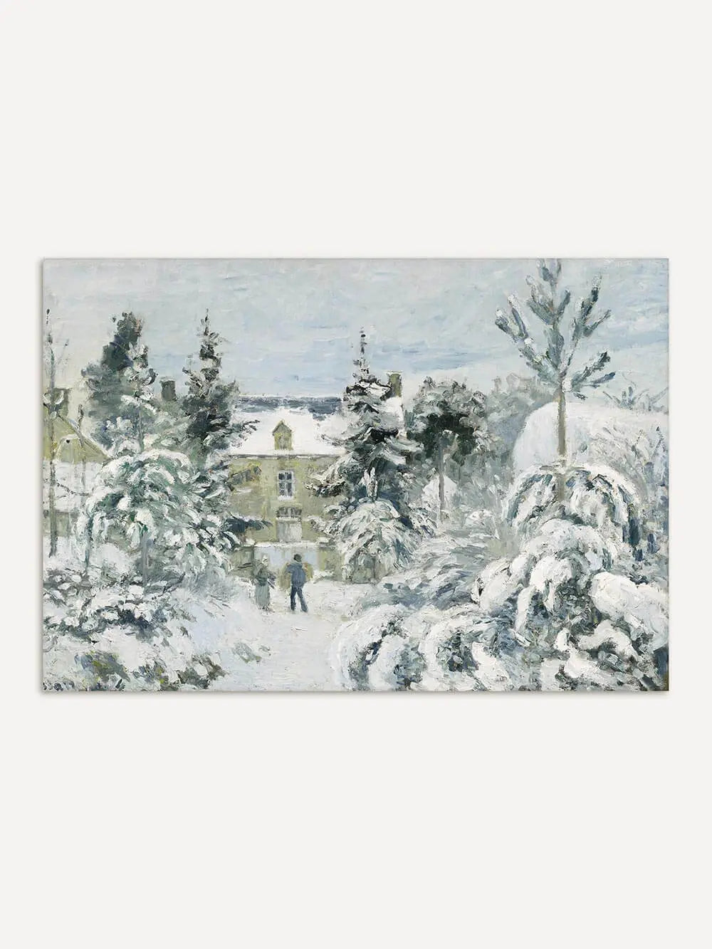 Winterlandschaft Kunstdruck mit verschneiten Bäumen und Haus in impressionistischem Stil, das Wandbild zeigt sanfte Grautöne und Weiß mit strukturreicher Oberfläche.