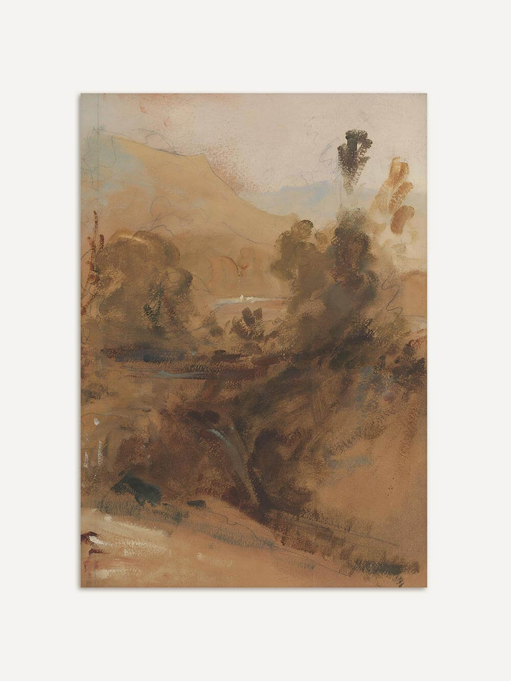 Abstrakte Landschaft in warmen Erdtönen mit weichen Braun-, Ocker- und Beigeschichten, die Hügel und Vegetation andeuten und eine ruhige, naturverbundene Stimmung erzeugen. Der Kunstdruck wirkt malerisch und zeitlos und eignet sich als Wandbild für minimalistische Wohnräume.