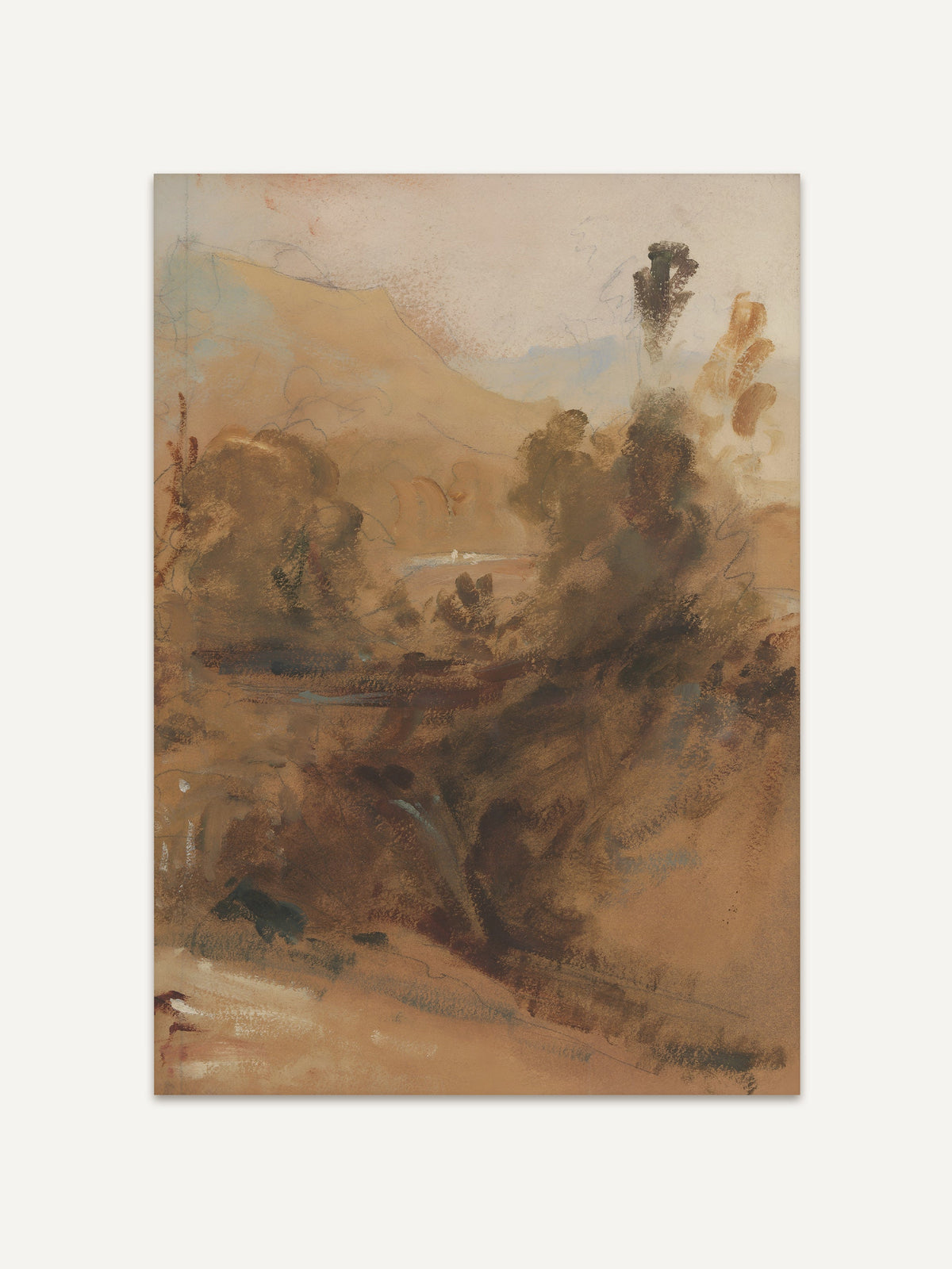 Abstrakte Landschaft in warmen Erdtönen mit weichen Braun-, Ocker- und Beigeschichten, die Hügel und Vegetation andeuten und eine ruhige, naturverbundene Stimmung erzeugen. Der Kunstdruck wirkt malerisch und zeitlos und eignet sich als Wandbild für minimalistische Wohnräume. #Rahmen_Ohne Rahmen