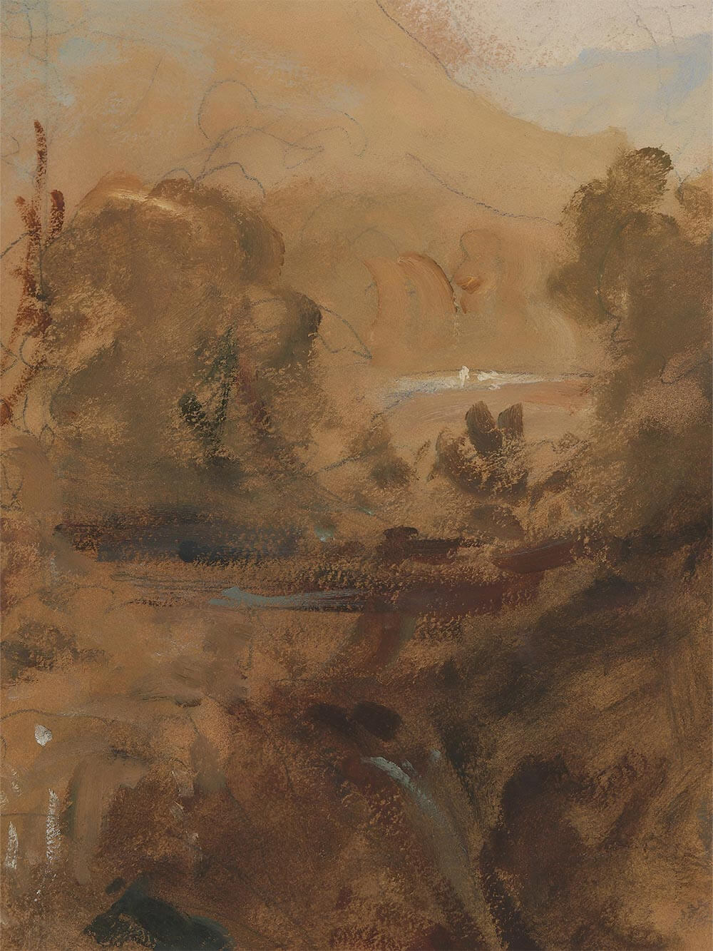 Nahaufnahme der abstrakten Landschaft mit sichtbarer Papierstruktur, weichen Pinselspuren und überlagerten Braun- und Beigetönen, die Tiefe und Bewegung erzeugen. Die Details unterstreichen den handwerklichen Charakter des Kunstdrucks und seine natürliche, wabi-sabi-nahe Ästhetik.