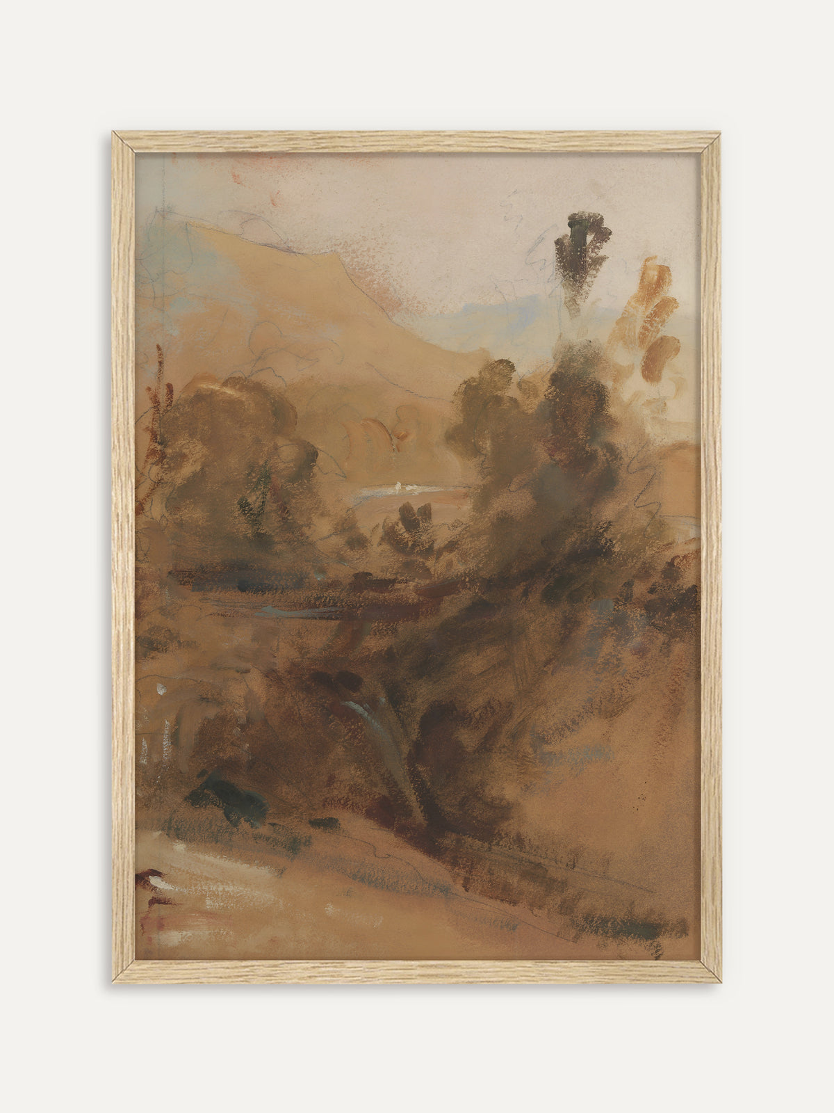 Kunstdruck, der eine skizzenhafte Landschaft in warmen Braun-, Ocker- und Beigetönen mit Bäumen, einem fernen Berghang und einem hellen Flusslauf im Tal zeigt. Im Rahmen aus hellem Holz wirkt die Studie in Erdtönen ruhig und natürlich, ganz im Wabi-Sabi-Stil. #Rahmen_Helles Holz
