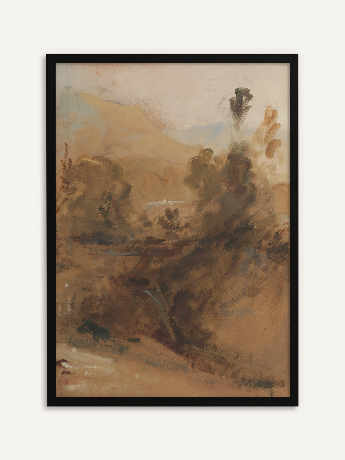 Gerahmtes Poster, das eine skizzenhafte Landschaft in warmen Braun-, Ocker- und Beigetönen mit Bäumen, einem fernen Berghang und einem hellen Flusslauf im Tal zeigt. Mit schwarzem Rahmen wird die Vintage-Landschaft klar und modern. #Rahmen_Schwarz