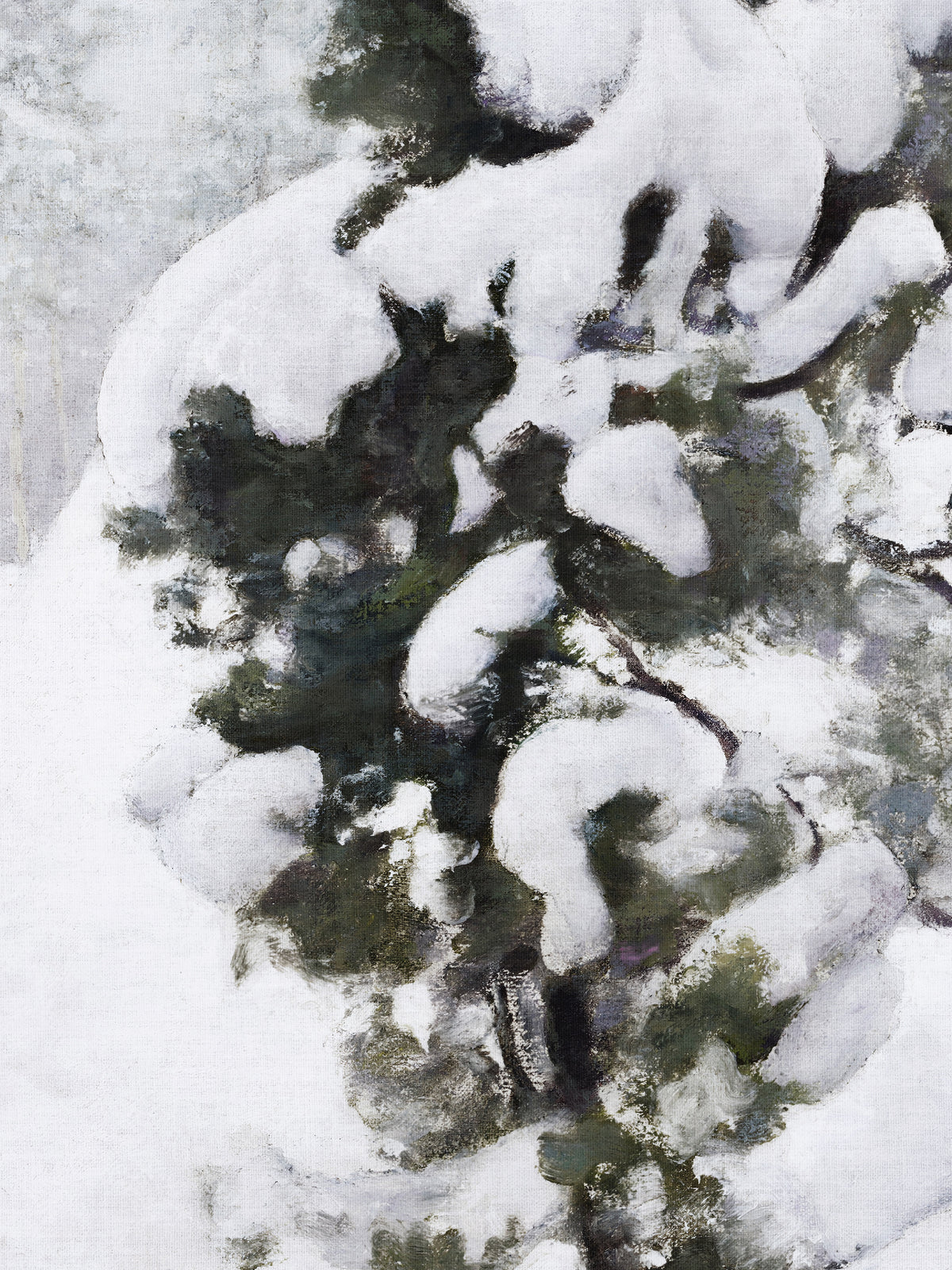 Detailansicht des Kunstdrucks mit verschneiten Kiefernzweigen in Weiß, Grau und dunklem Grün, die die feine Struktur der Schneepolster zeigt.