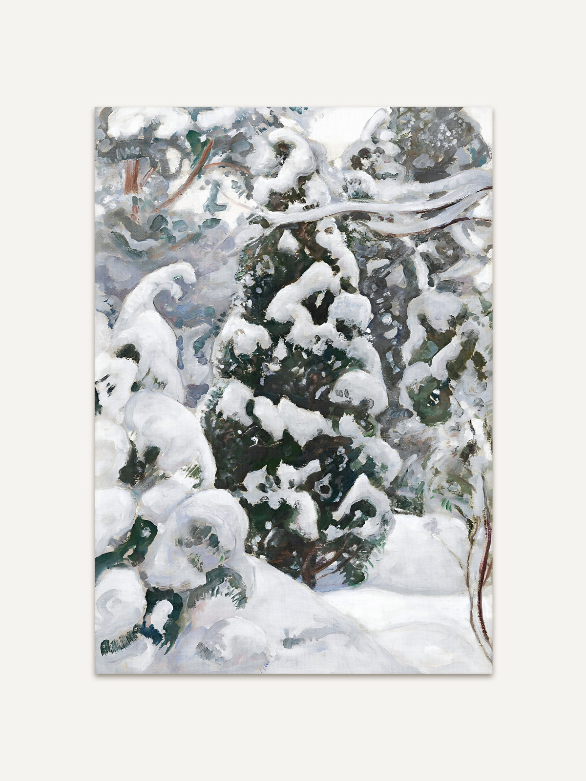 Kunstdruck eines Wacholders im Schnee, dessen dunkelgrüne Zweige unter dicken weißen Hauben liegen, umgeben von verschneiten Sträuchern. Das Japandi Wandbild in Weiß, Grau und tiefem Grün wirkt frisch und ruhig. #Rahmen_Ohne Rahmen