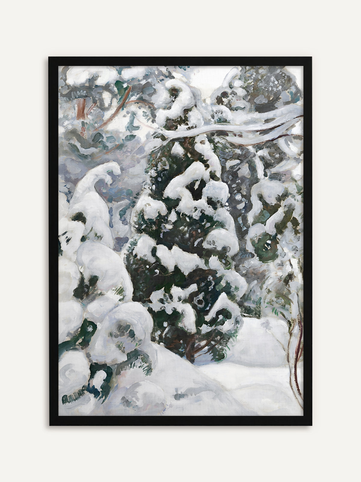 Gerahmtes Poster, das einen Wacholder im Schnee zeigt, dessen dunkelgrüne Zweige unter dicken weißen Hauben liegen, umgeben von verschneiten Sträuchern. Der schwarze Rahmen setzt das tiefe Grün des Vintage Motivs klar in Szene. #Rahmen_Schwarz