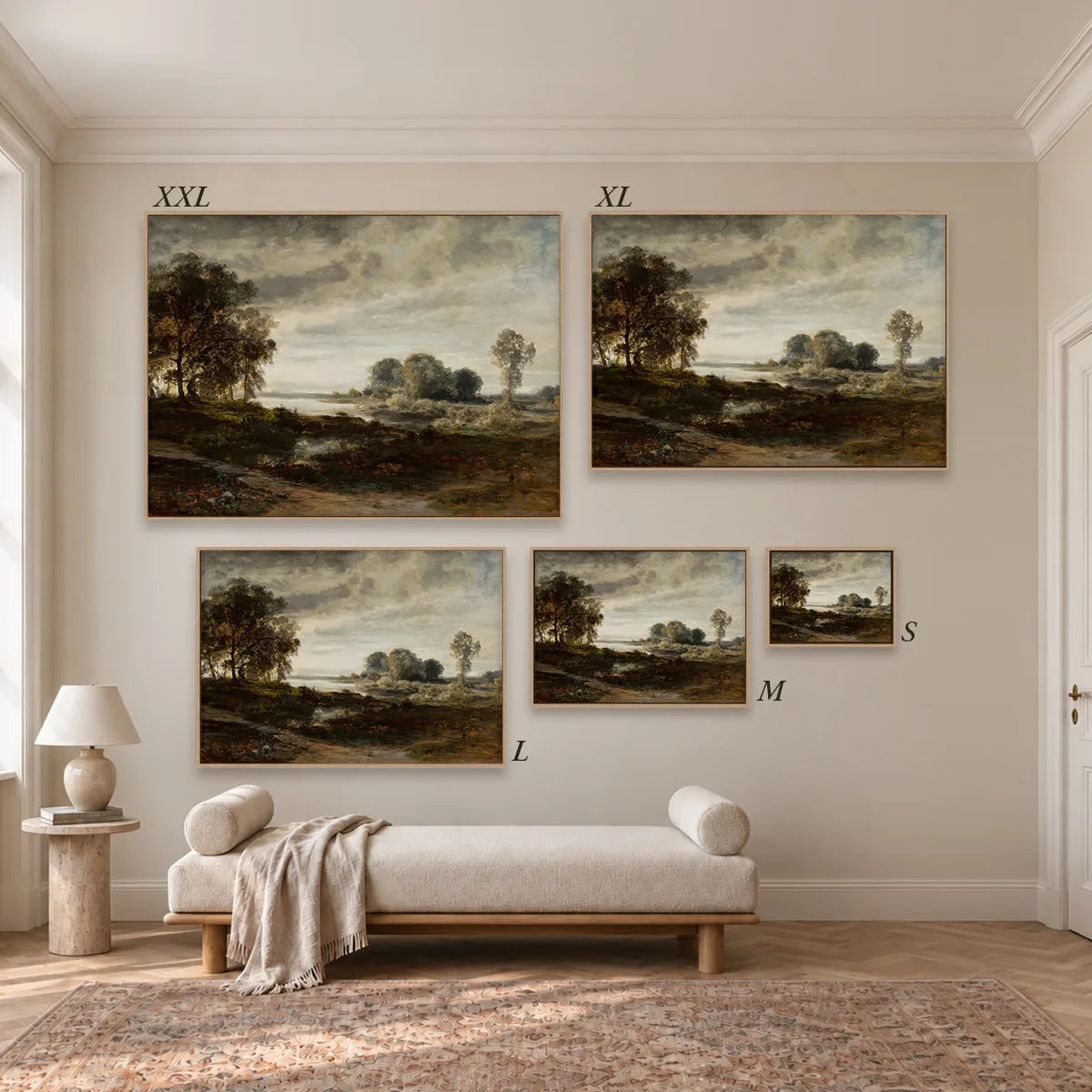 Größenübersicht der fünf Leinwandformate S bis XXL im Raum, von 34 × 44 cm bis 105 × 143 cm.
