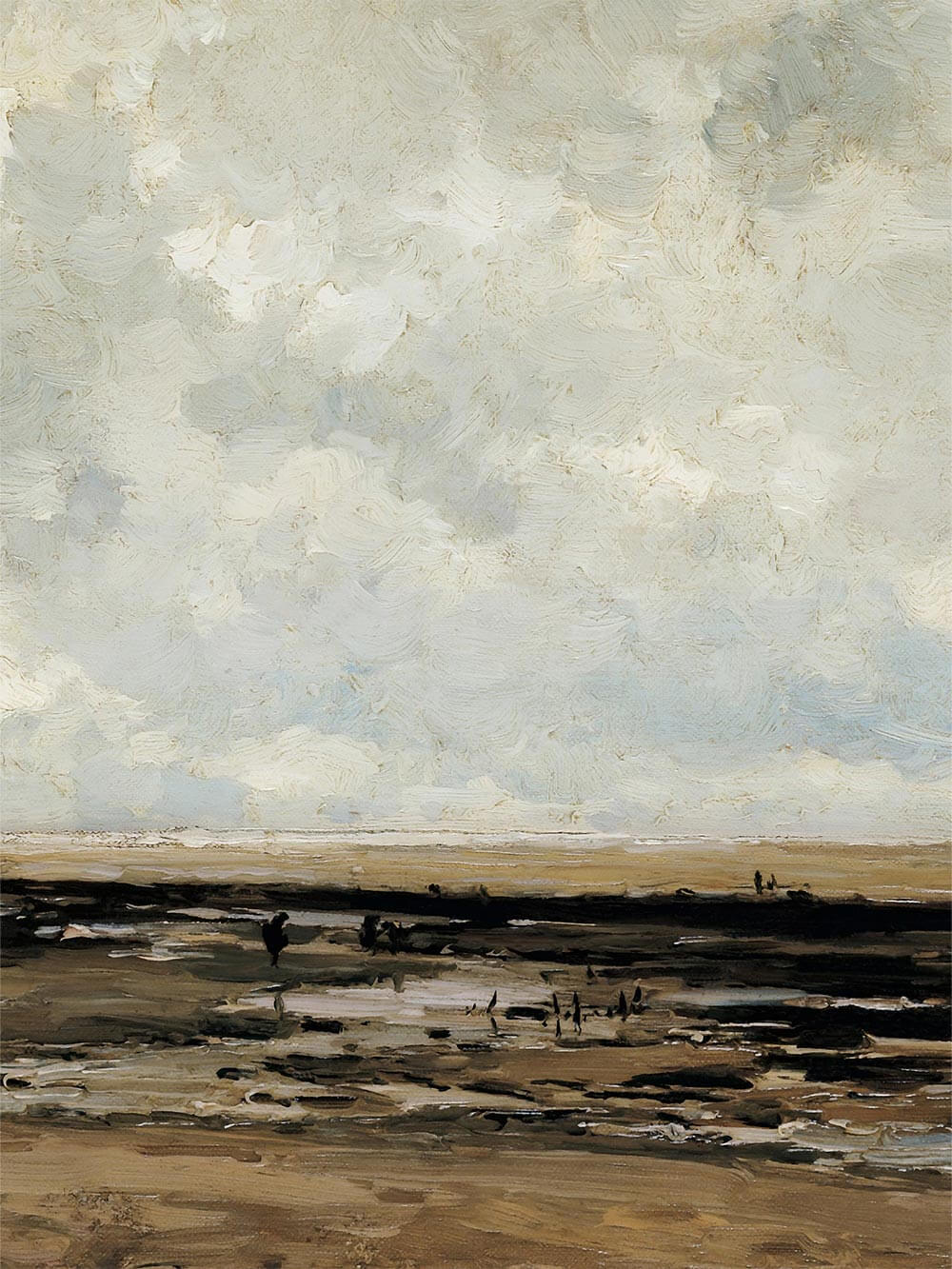 Nahaufnahme der gemalten Himmelspartie mit sichtbarer Pinselstruktur und weichen Farbverläufen in Creme, Grau und Blau. Die Detailansicht betont die malerische Oberfläche des Kunstdrucks und die Anmutung klassischer Landschaftskunst.