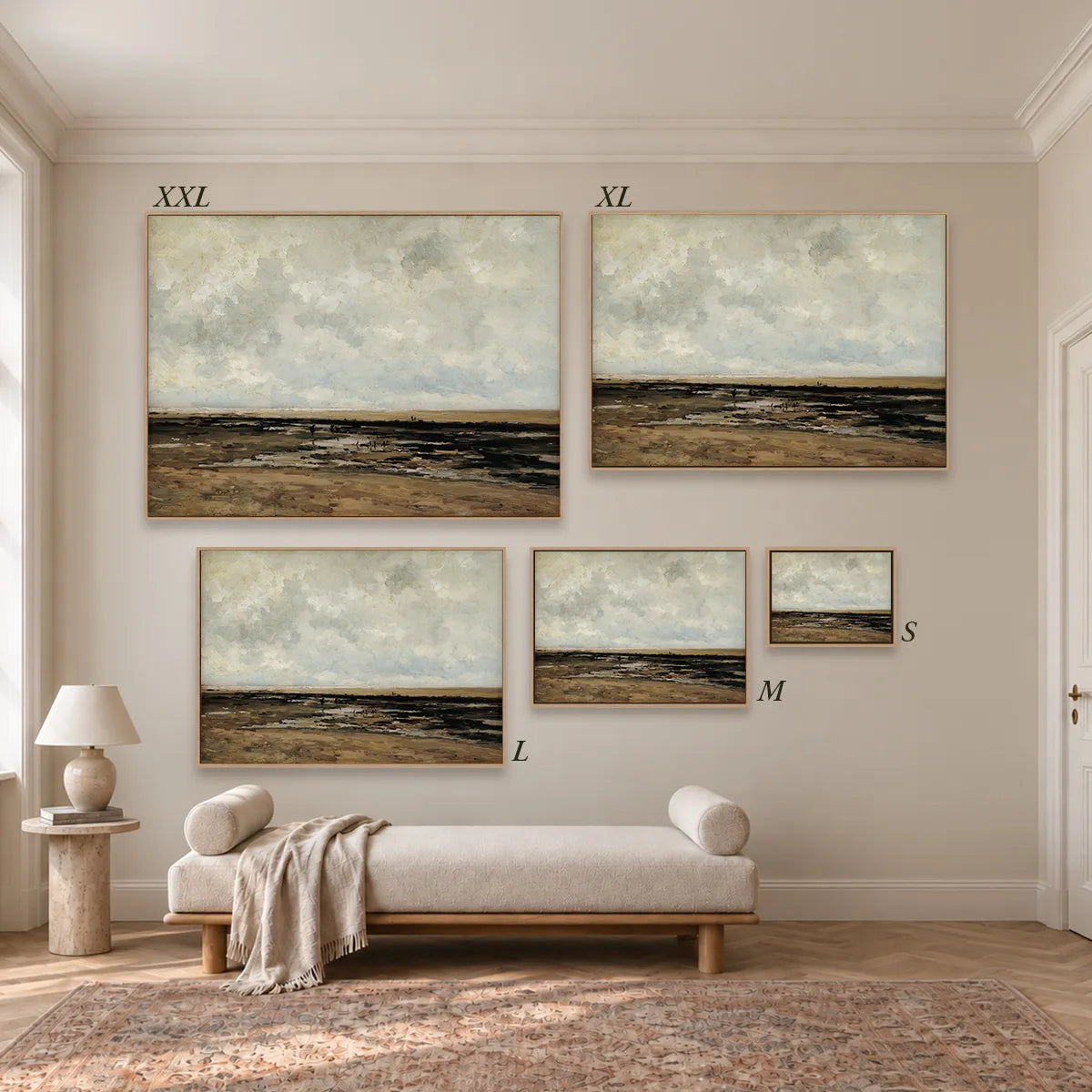 Größenübersicht der fünf Leinwandformate S bis XXL im Raum, von 34 × 44 cm bis 105 × 143 cm.