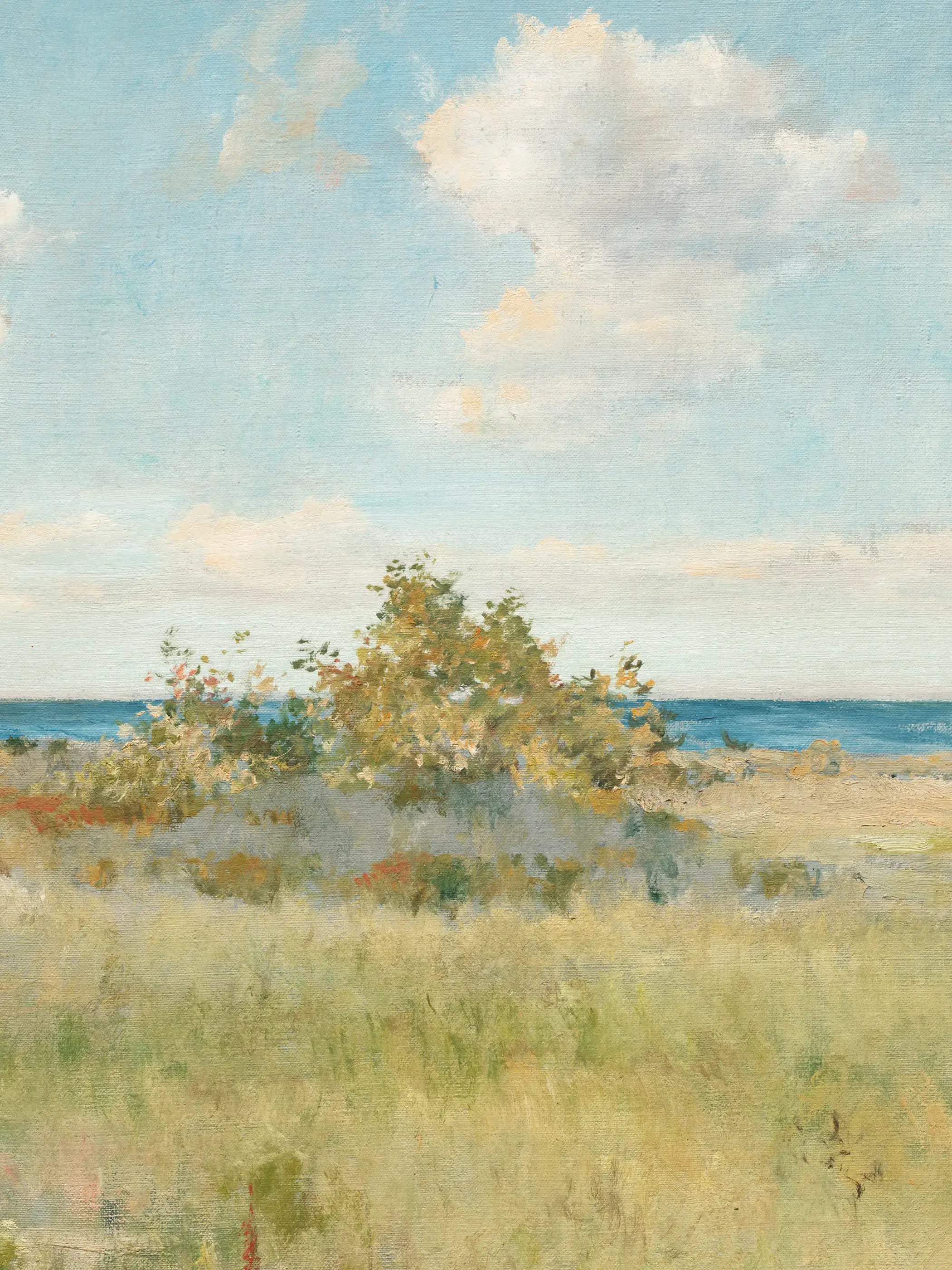 Nahaufnahme des Gebüschs, der Wiese und des Meereshorizonts mit sichtbarer Maltextur und feinen Wolkenformationen. Die changierenden Grün- und Blautöne zeigen die impressionistische Maltechnik dieses Landschaft Kunstdrucks im Detail.