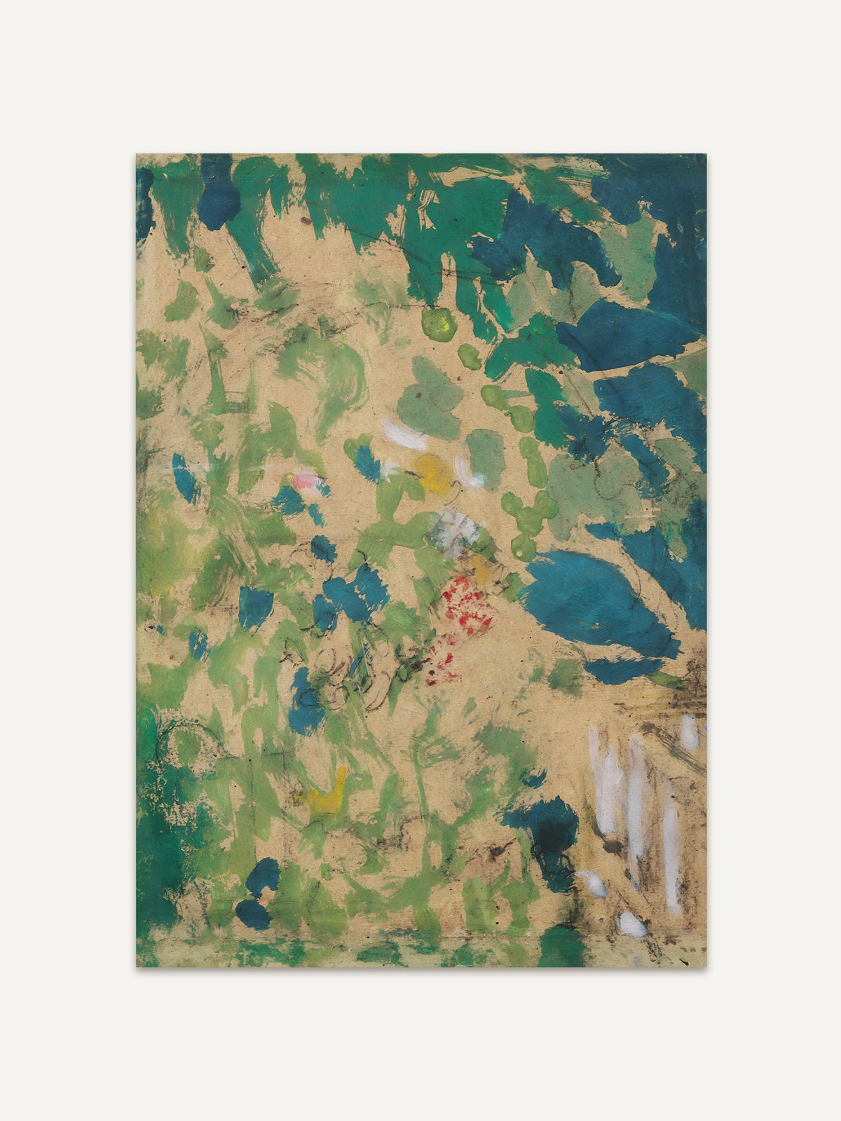 Kunstdruck einer abstrakten Landschaft in Grün, Petrol und Sandtönen, durchsetzt von roten, gelben und rosa Farbtupfern. Das Wandbild eignet sich für Wohnzimmer, Schlafzimmer und Küche. #Rahmen_Ohne Rahmen