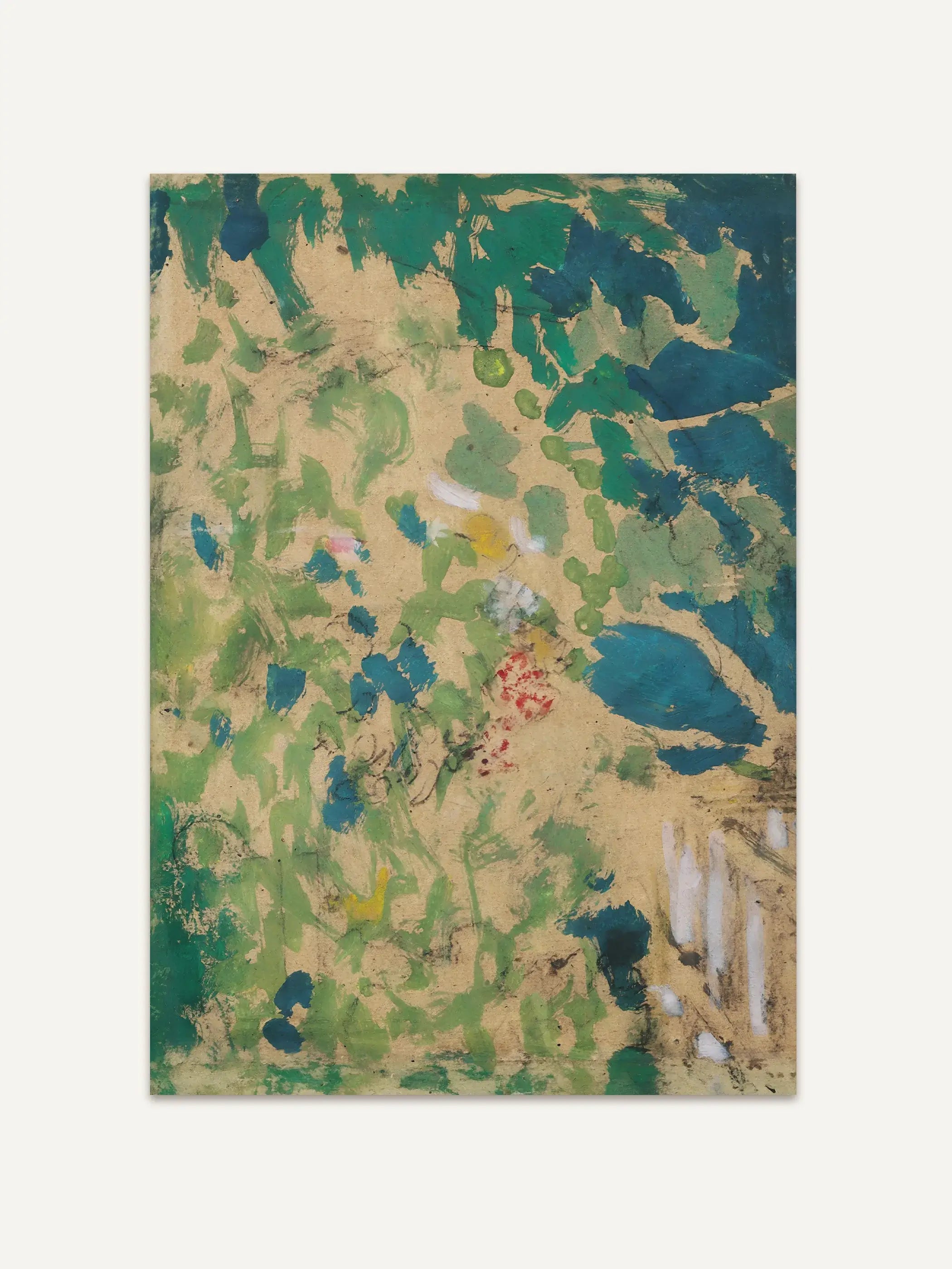 Kunstdruck einer abstrakten Landschaft in Grün, Petrol und Sandtönen, durchsetzt von roten, gelben und rosa Farbtupfern. Das Wandbild eignet sich für Wohnzimmer, Schlafzimmer und Küche.