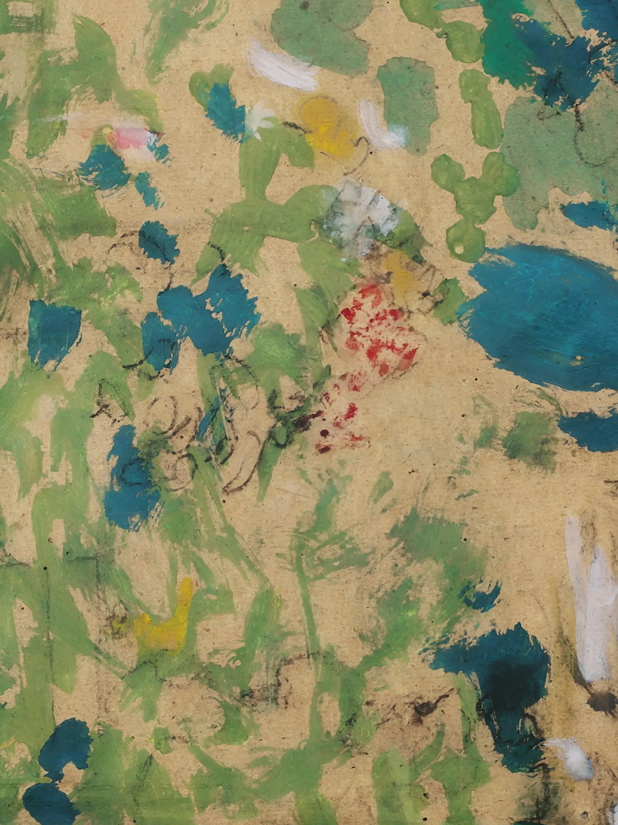 Nahaufnahme des Landschafts-Kunstdrucks zeigt die expressiven Grün- und Blautöne sowie die feinen Farbtupfer in Rot, Gelb und Weiß im Detail. Die sichtbaren Pinselspuren unterstreichen den vintage Charakter dieses Wandbilds.