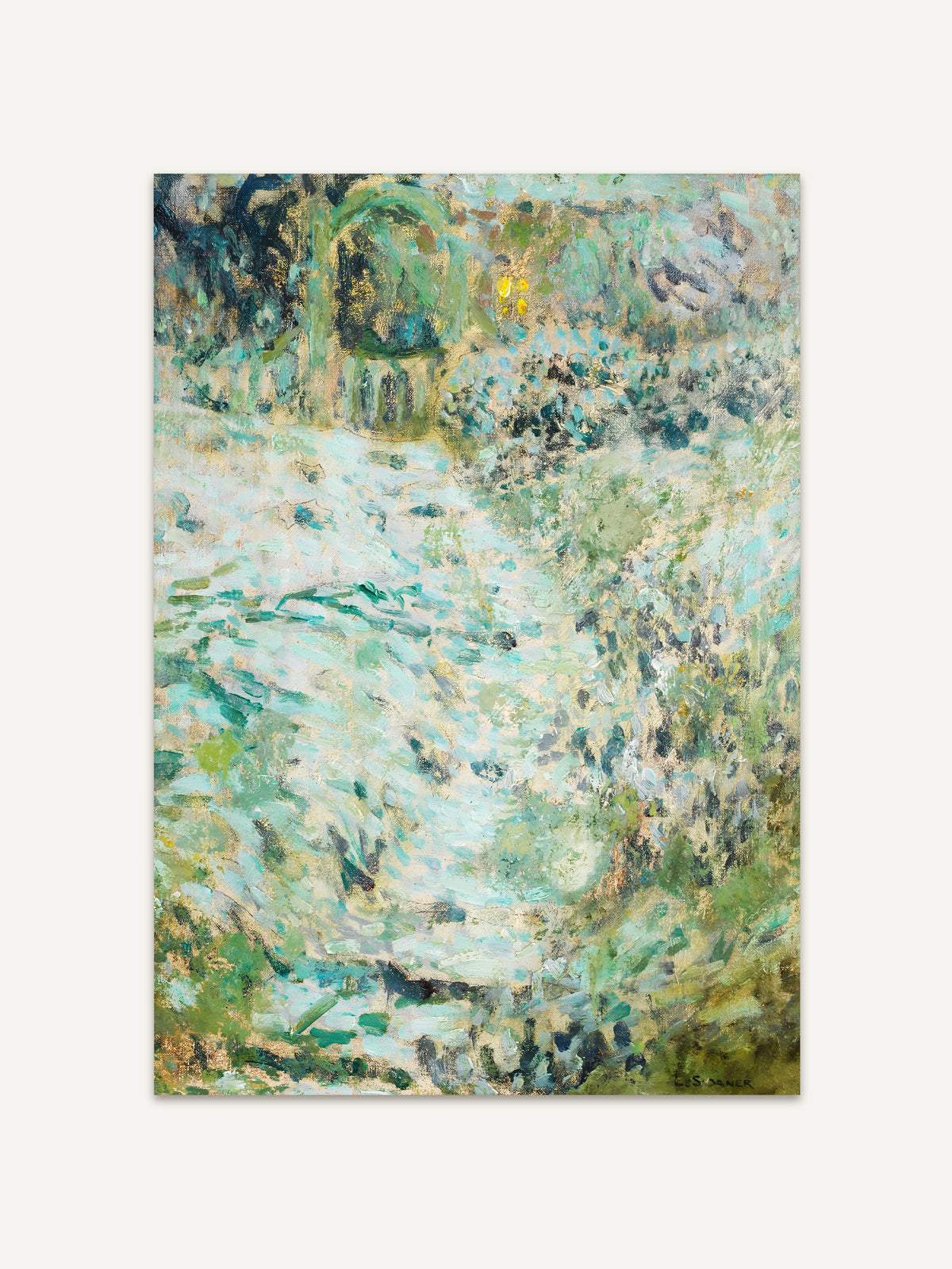 Kunstdruck einer abstrakten Landschaft in Türkis, Grün und Gold mit angedeutetem Gartenweg und Laube. Das Wandbild eignet sich für Wohnzimmer, Badezimmer und Schlafzimmer. #Rahmen_Ohne Rahmen