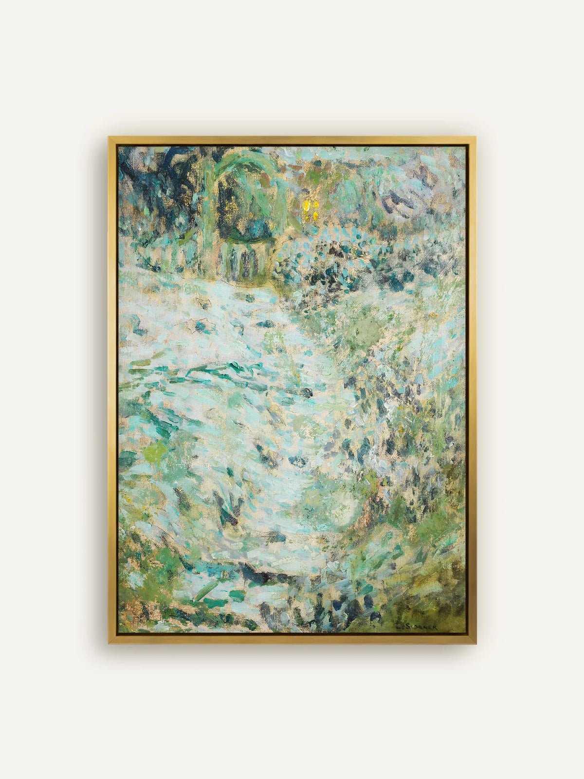 Abstraktes Garten Leinwandbild im goldenen Schattenfugenrahmen. Das Gold des Rahmens nimmt den warmen Schimmer zwischen den türkisfarbenen und grünen Pinselstrichen des Motivs auf. #Rahmen_Gold