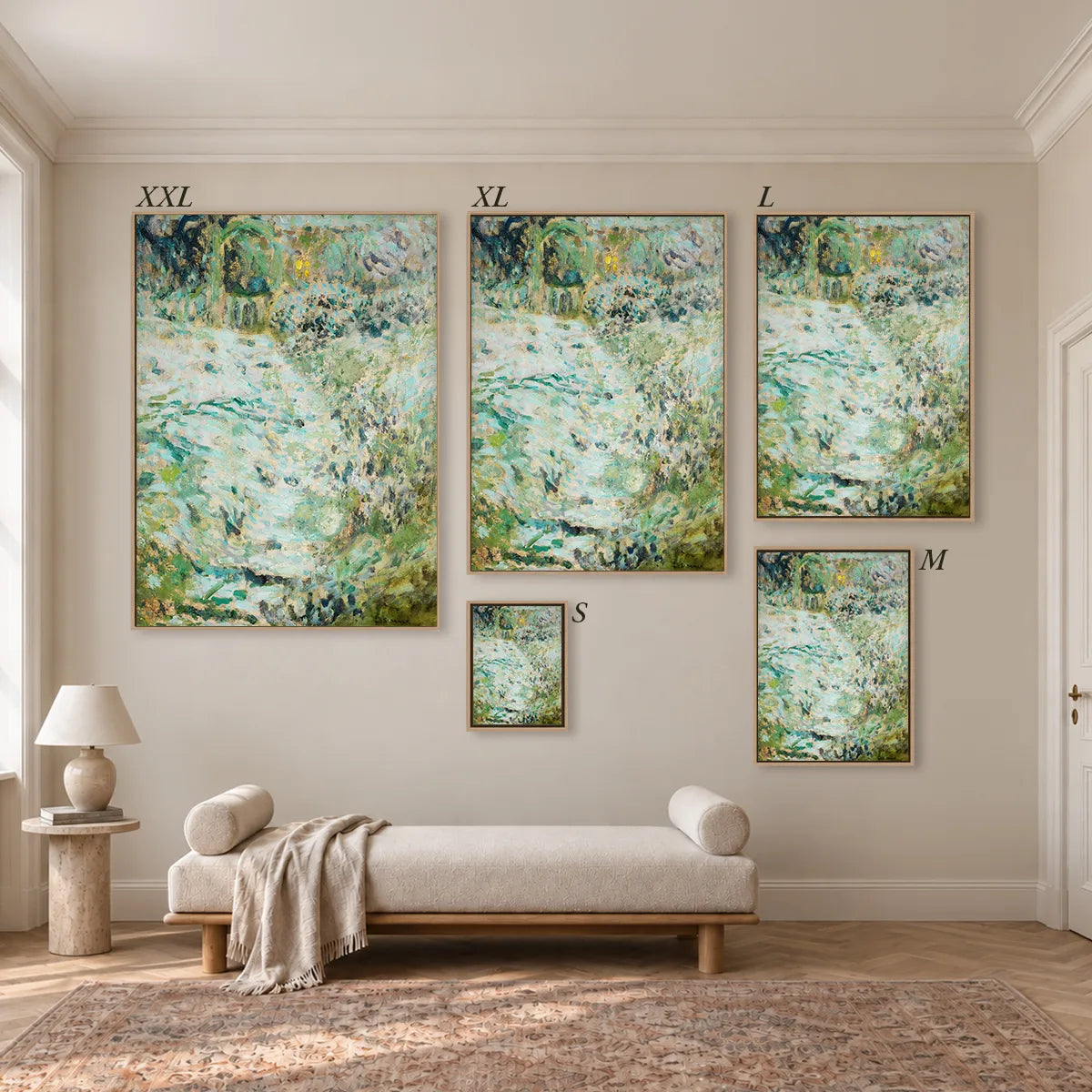 Größenübersicht der fünf Leinwandformate S bis XXL im Raum, von 34 × 44 cm bis 105 × 143 cm.