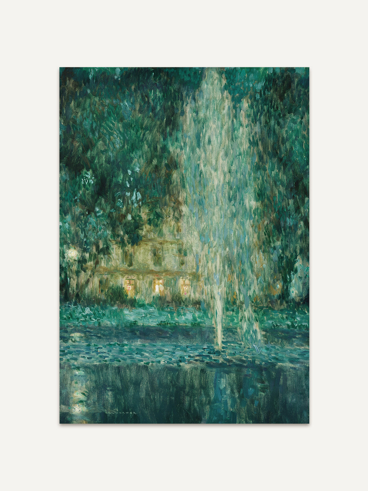 Kunstdruck einer nächtlichen Gartenszene mit leuchtender Wasserfontäne in dichtem Smaragdgrün und warmen Lichtakzenten. Das Wandbild eignet sich für Wohn-, Ess- und Schlafzimmer. #Rahmen_Ohne Rahmen