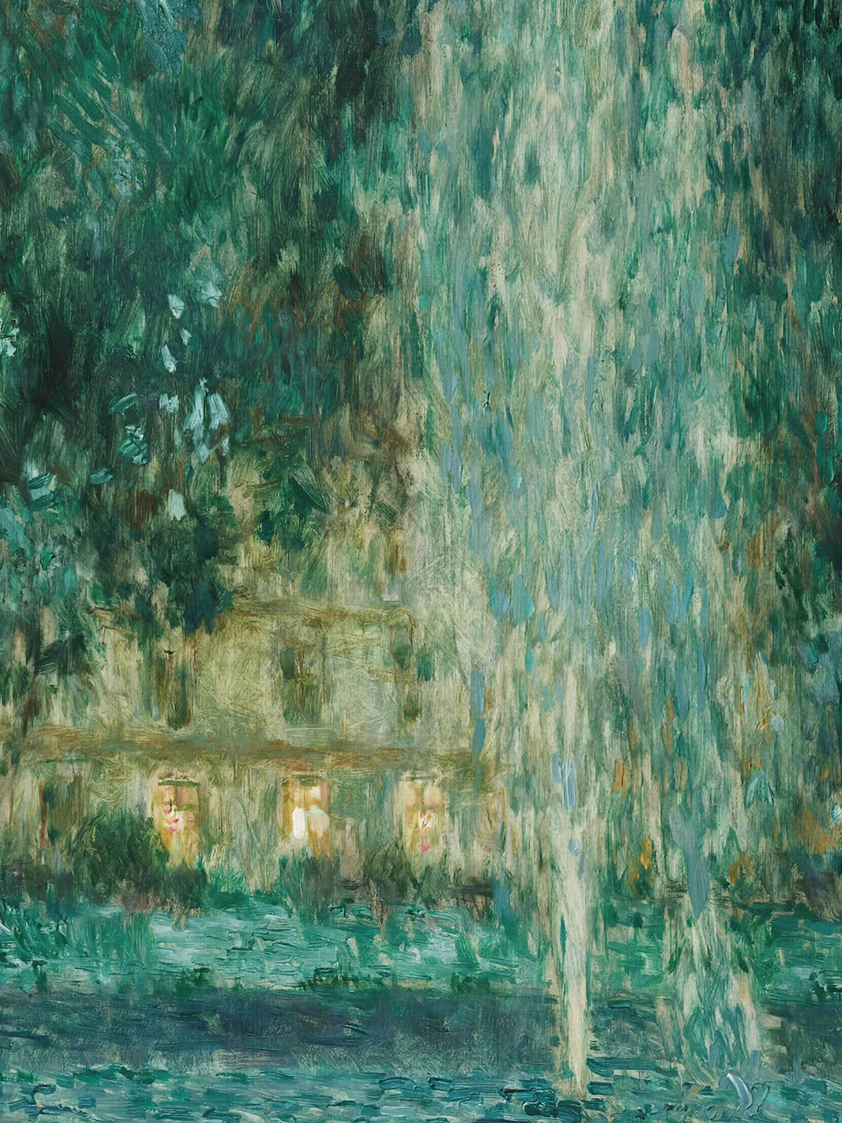 Detailaufnahme des Leinwandbildes mit sichtbaren Pinselstrichen. Hinter herabhängendem Laub in Smaragdgrün steht ein Haus mit drei warm erleuchteten Fenstern, rechts steigt die helle Fontäne auf.