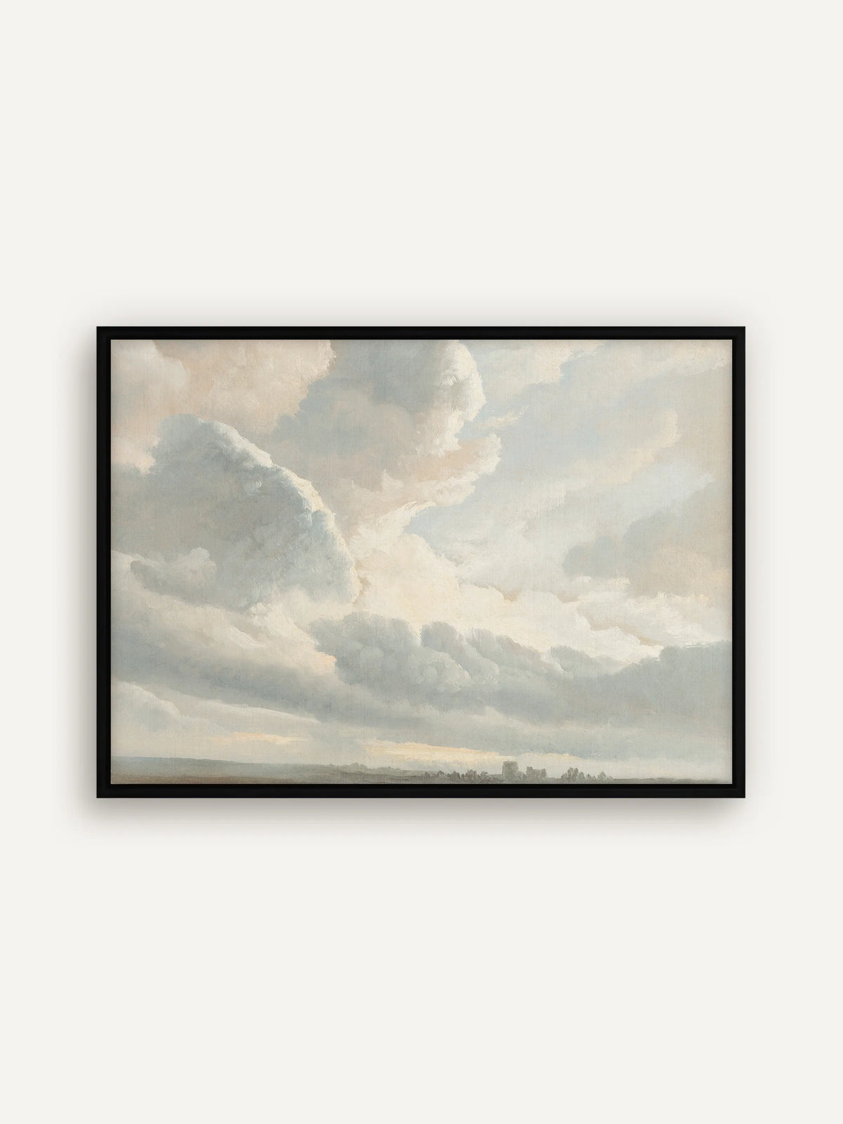Himmel und Wolken als Leinwandbild im schwarzen Schattenfugenrahmen. Der schmale schwarze Rahmen fasst die hellen Pastellfarben klar ein, am unteren Bildrand zieht sich eine weite Ebene entlang. #Rahmen_Schwarz