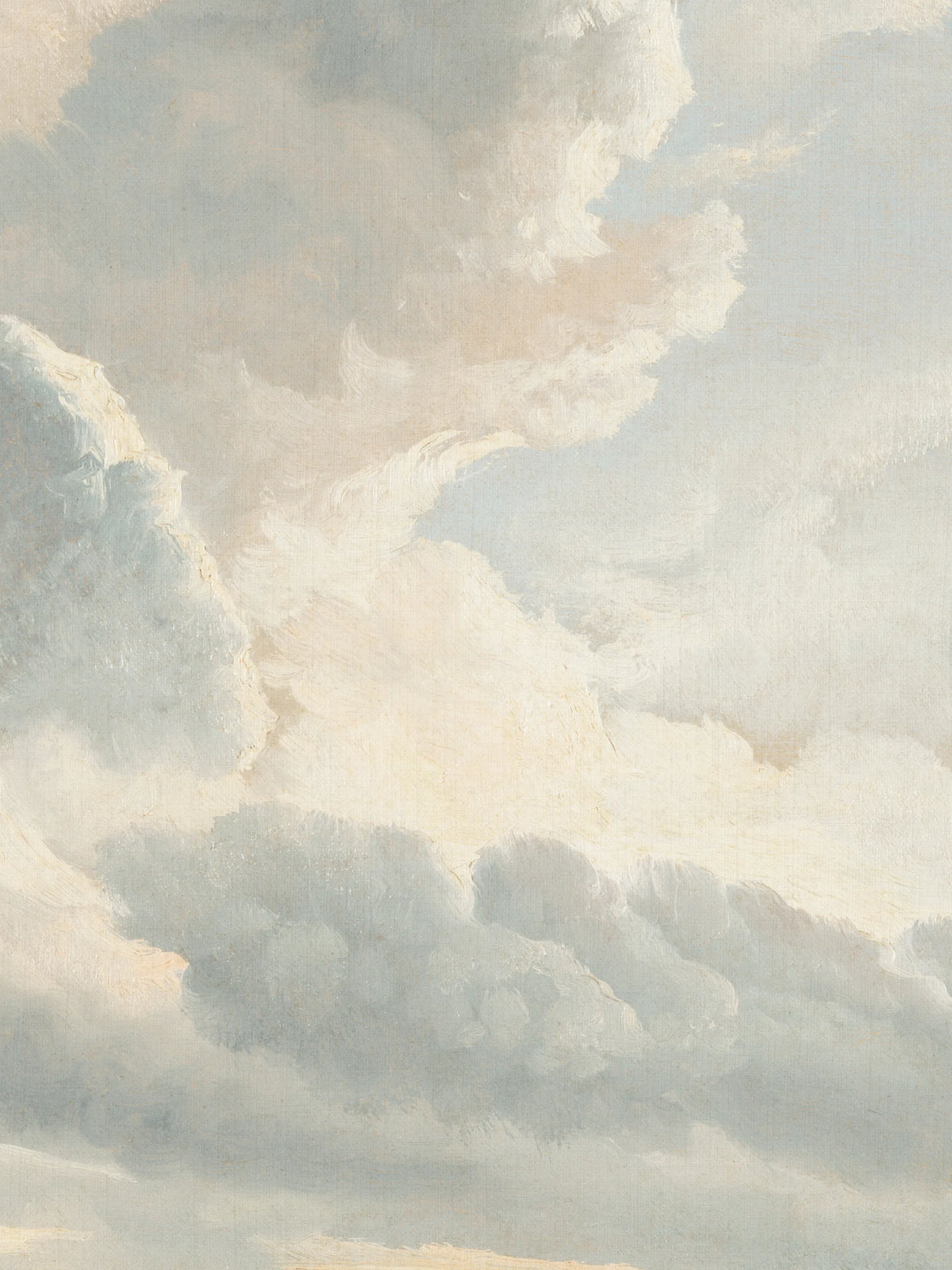 Detailaufnahme der Wolkenlandschaft mit feiner Leinwandstruktur. Die Wolken sind in kurzen, lockeren Pinselstrichen in Blaugrau, Weiß und Apricot gemalt, ihre hellen Ränder wirken wie von der Abendsonne beschienen.