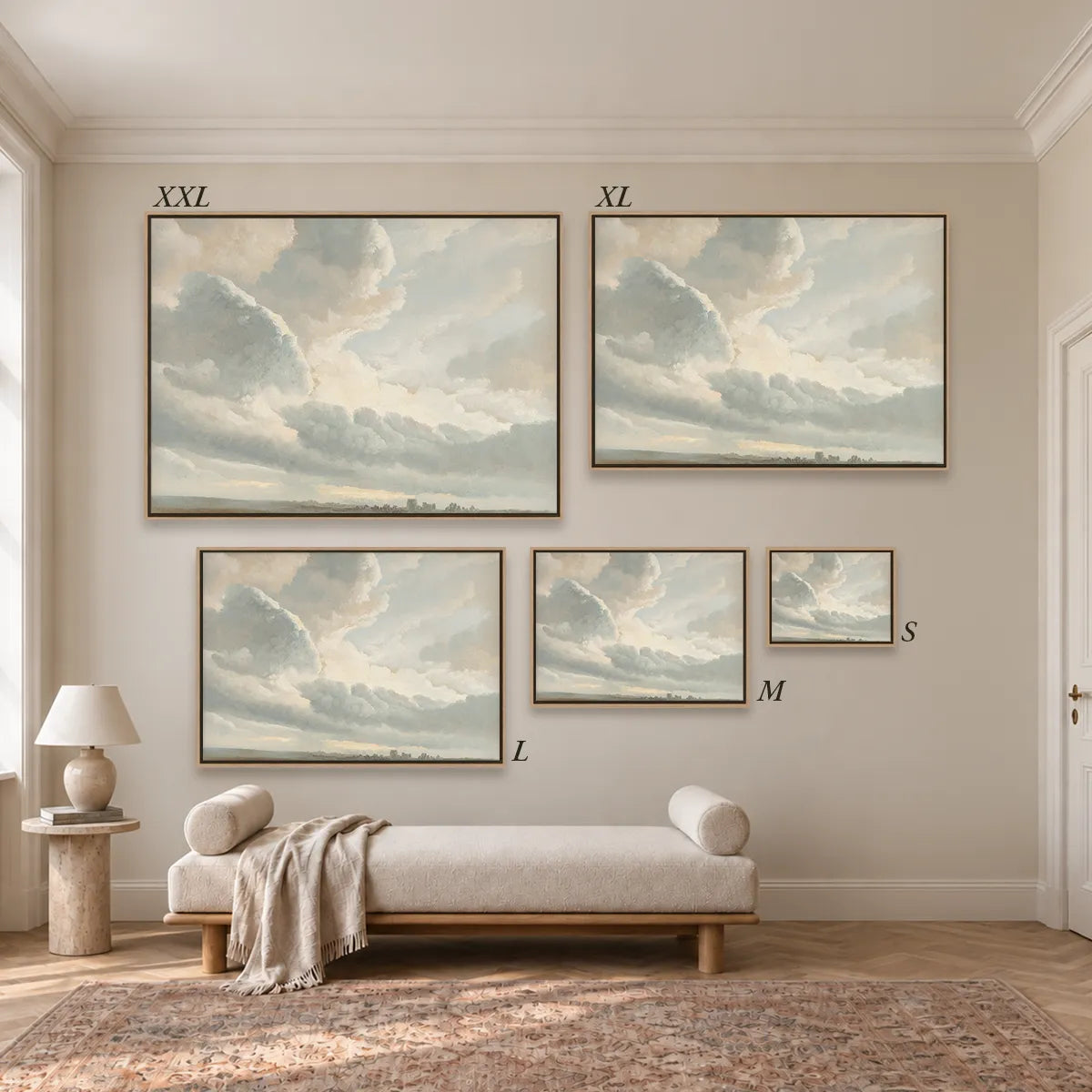 Größenübersicht der fünf Leinwandformate S bis XXL im Raum, von 34 × 44 cm bis 105 × 143 cm.