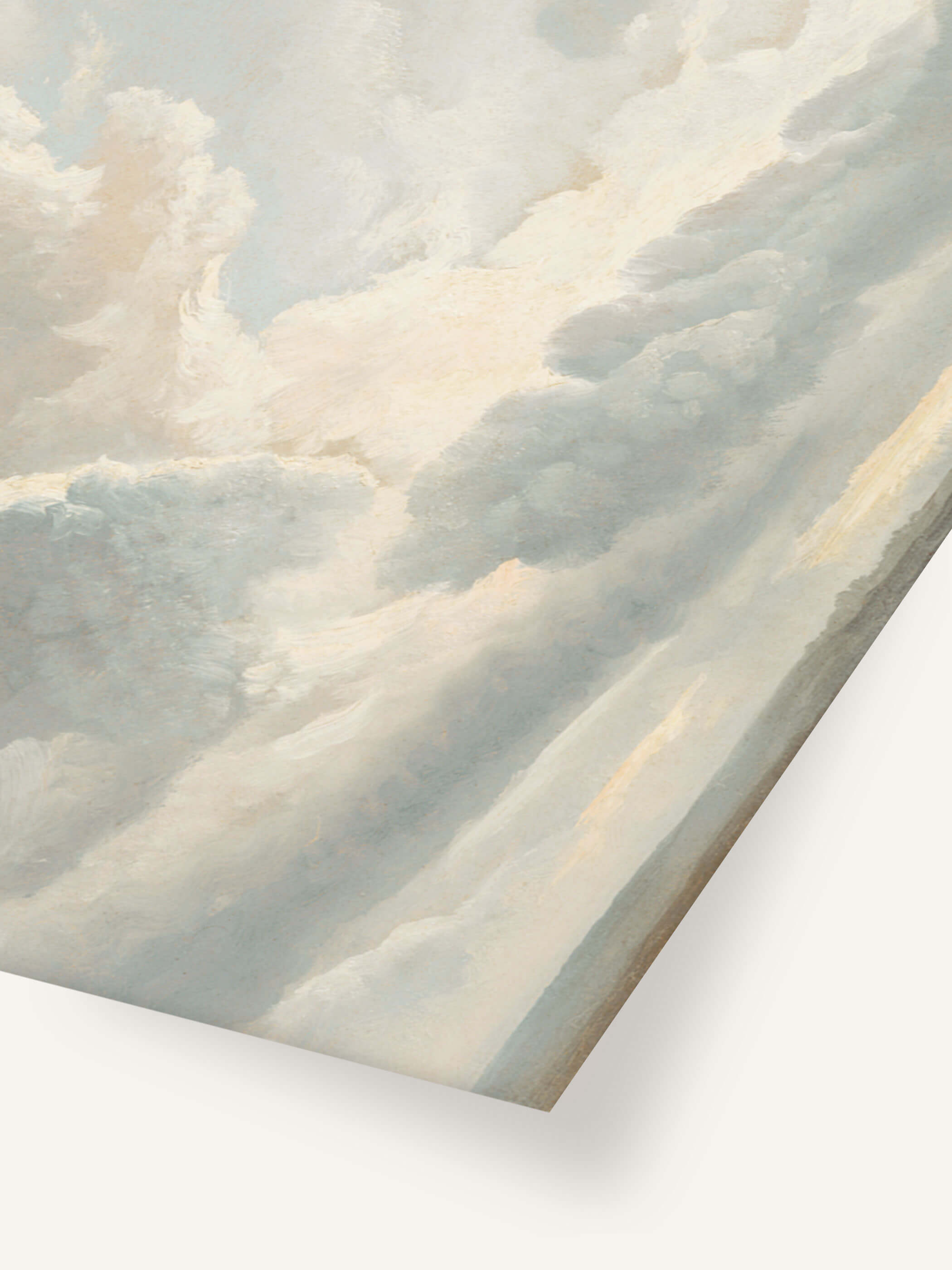 Detailaufnahme eines Vintage Wolken Kunstdrucks mit sanften Farbtönen, die weiche, aufgetürmte Wolken darstellen. Diese Nahansicht zeigt feine Pinselstriche und den sanften Übergang zwischen Himmel und Wolken, ideal für Liebhaber klassischer Landschaftskunst.