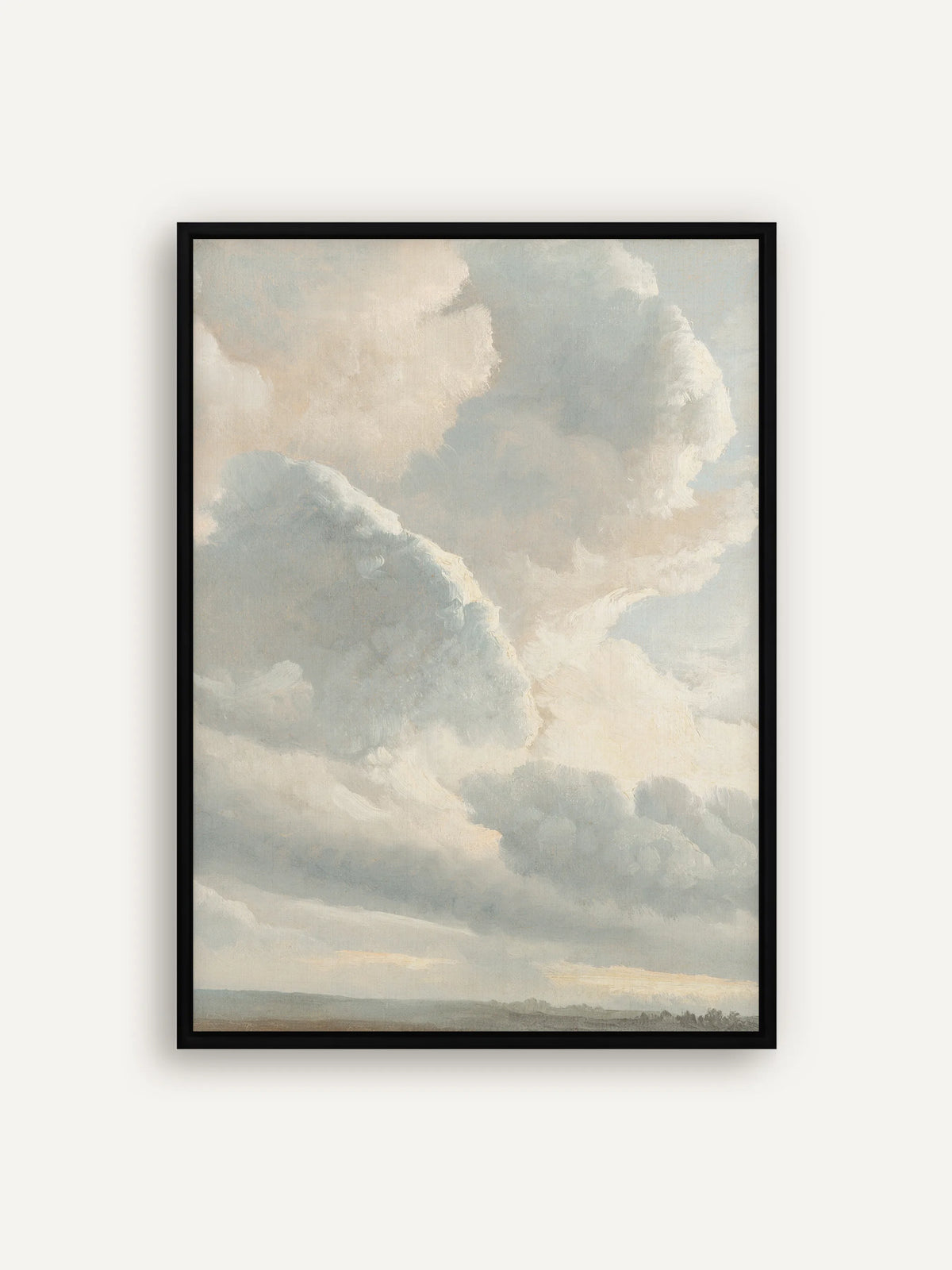 Wolken und Himmel als Leinwandbild im schwarzen Schattenfugenrahmen. Der dunkle Rahmen gibt den hellen Pastelltönen der Wolken eine klare Kante, am unteren Rand ist eine weite Landschaft zu sehen. #Rahmen_Schwarz