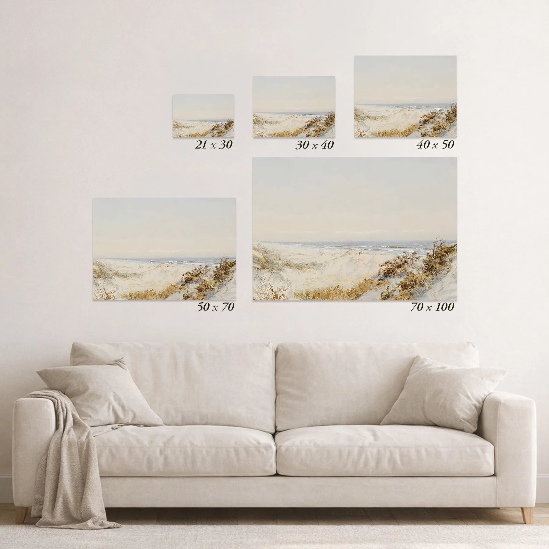 Schematic size overview of the available print formats above a sofa.
