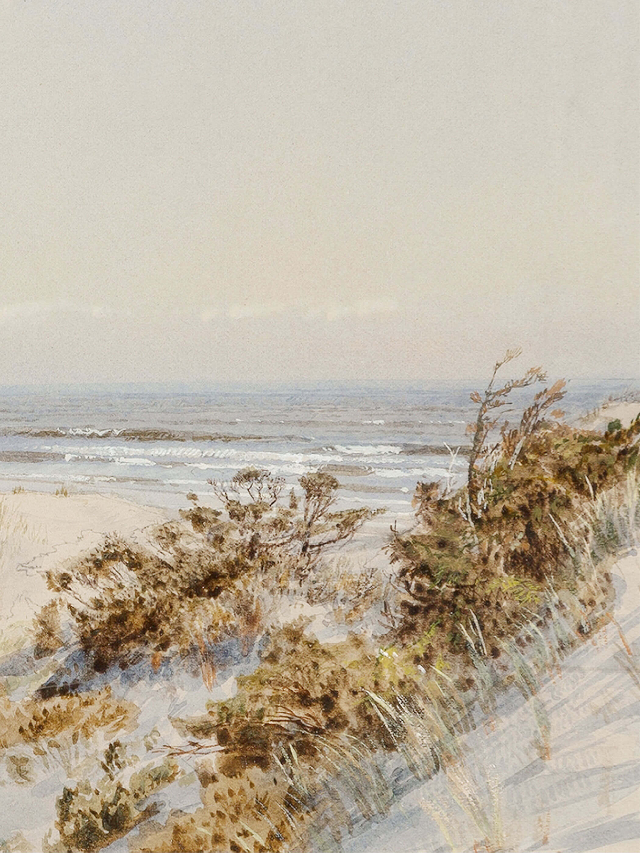 Detailansicht eines Kunstdrucks mit Dünenlandschaft am Atlantik, mit sandigen Hügeln, kleinen Sträuchern und Wellen im Hintergrund unter einem weichen, blassen Himmel.