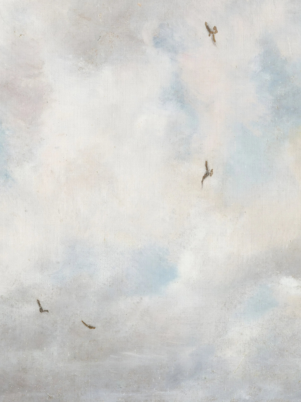 Detailaufnahme des Wolkenbildes mit matter, leicht fleckiger Oberfläche. Vier kleine Vögel in Braun fliegen durch weiche Wolken in Weiß, Grau und Hellblau.