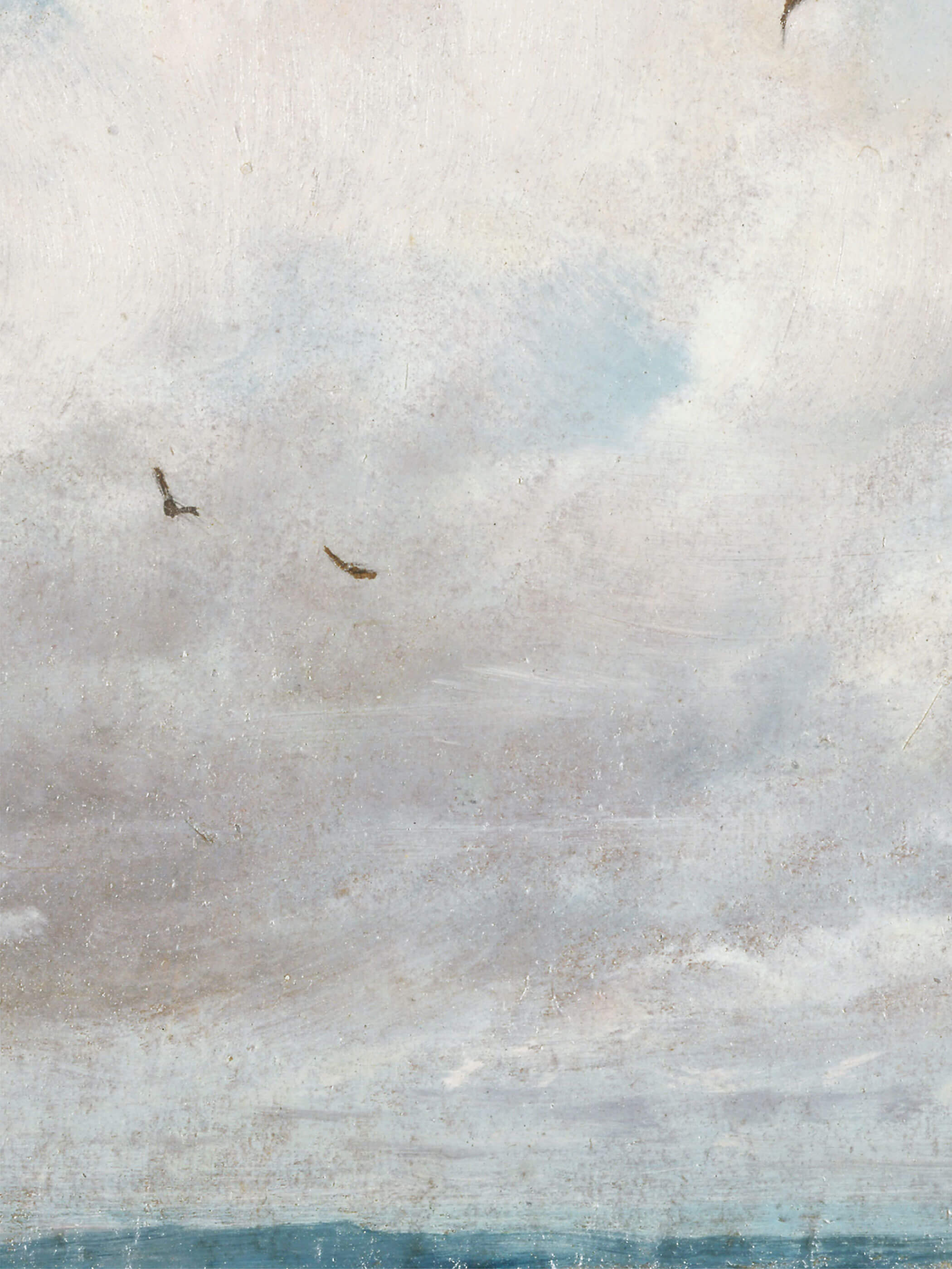 Detailaufnahme eines Vintage-Wolken-Kunstdrucks, der zarte Wolkenformationen mit dezentem Himmelblau zeigt. Im unteren Bildbereich ist ein leicht angedeuteter Horizont sichtbar, während Vögel durch den wolkigen Himmel fliegen."