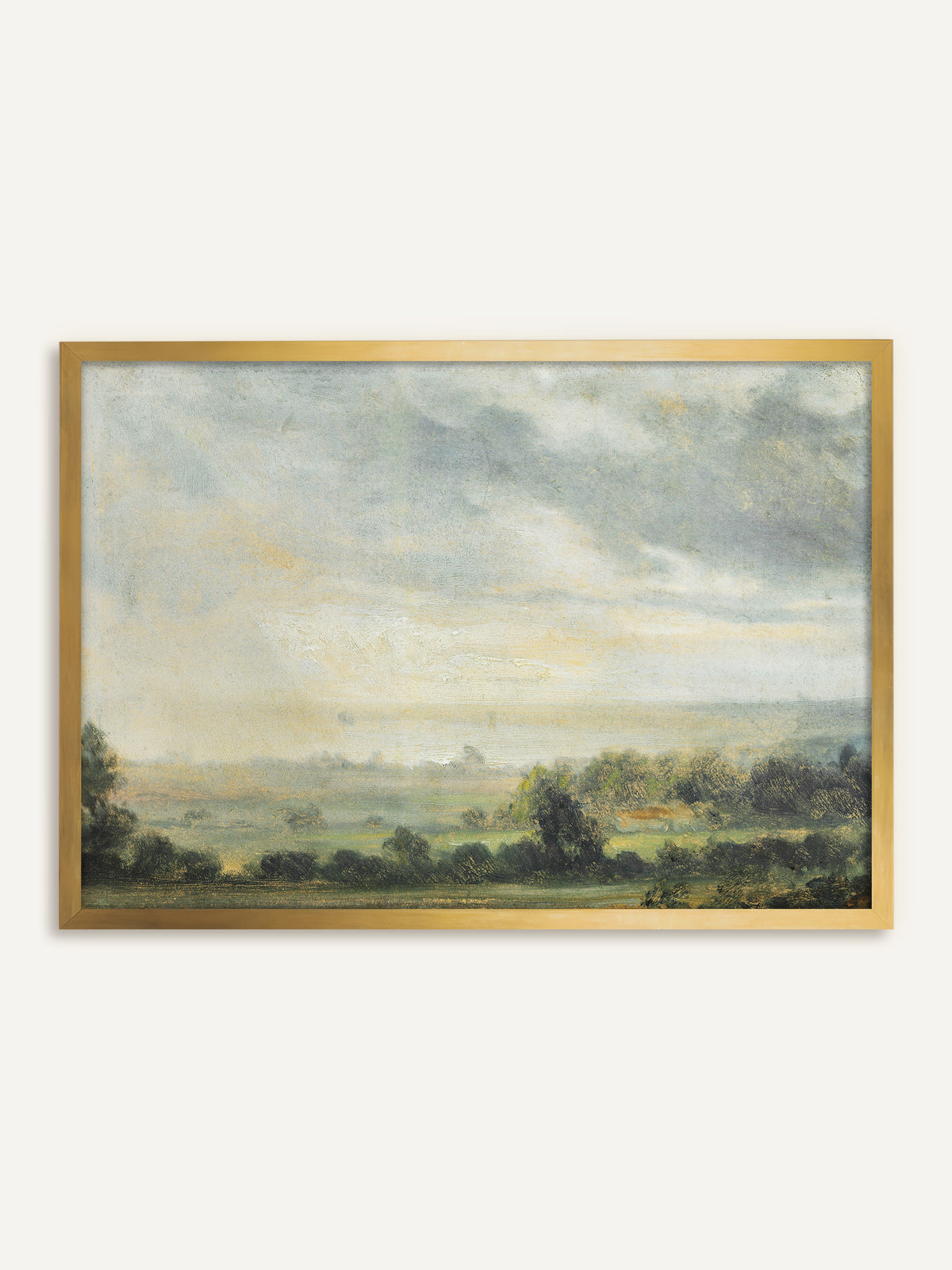 Wandbild, das einen weiten Blick über das Elbtal zeigt, mit dunkelgrünen Baumreihen und Feldern unter einem graublauen Wolkenhimmel, durch den goldenes Licht fällt. Im goldenen Rahmen nimmt das Bild das warme Licht am Horizont auf und wirkt wie ein antikes Ölgemälde. #Rahmen_Gold