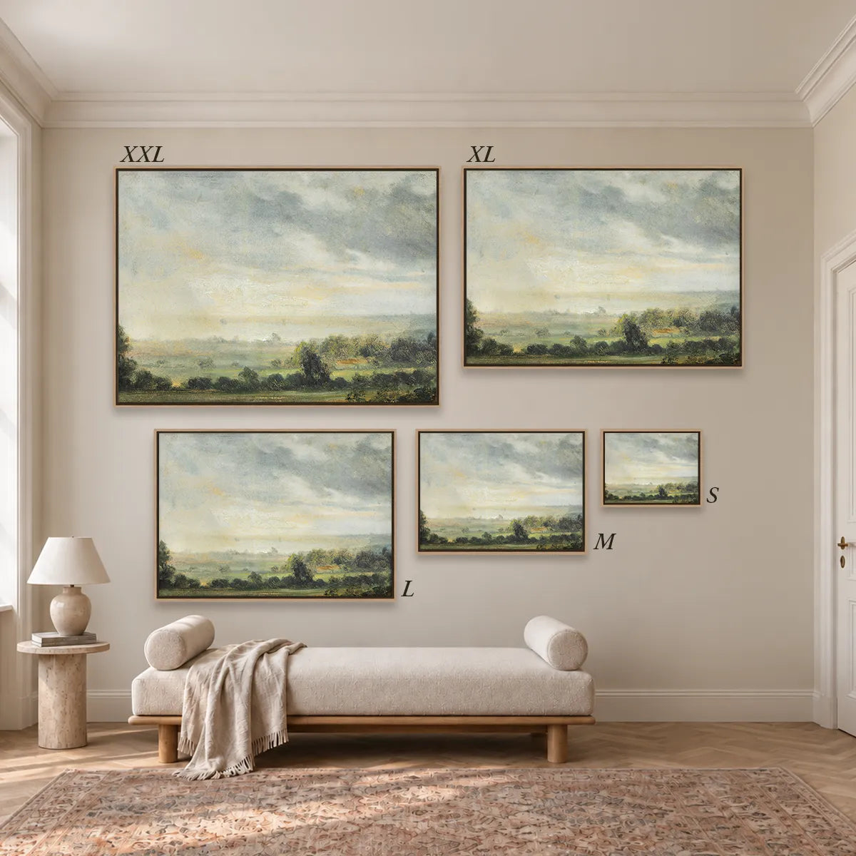 Größenübersicht der fünf Leinwandformate S bis XXL im Raum, von 34 × 44 cm bis 105 × 143 cm.