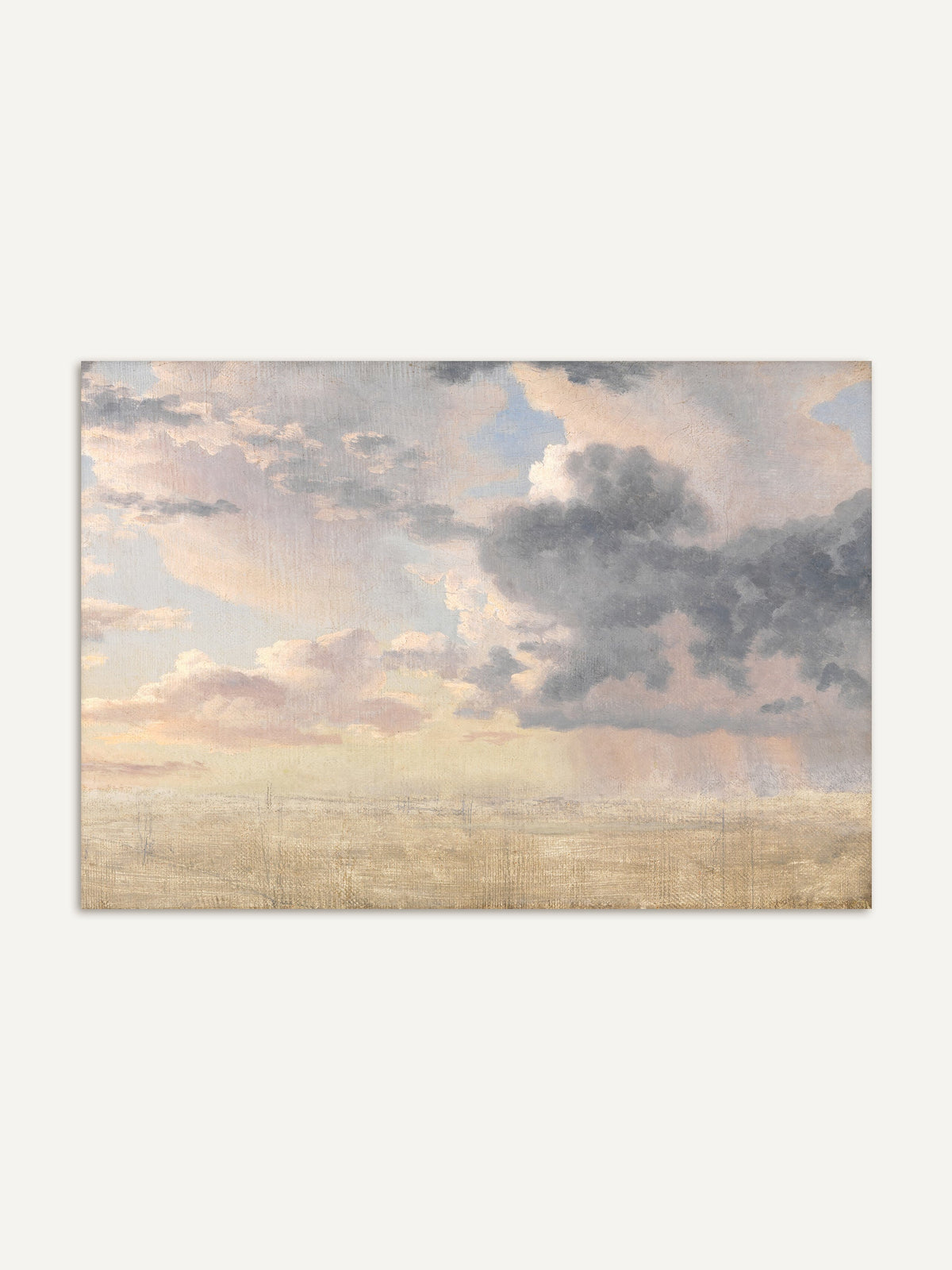 Kunstdruck eines dramatischen Wolkenhimmels über einer weiten Landschaft, in sanften Pastelltönen und mit tiefhängenden, dunklen Wolken, die einen Kontrast zum helleren Himmel bilden. #Rahmen_Ohne Rahmen