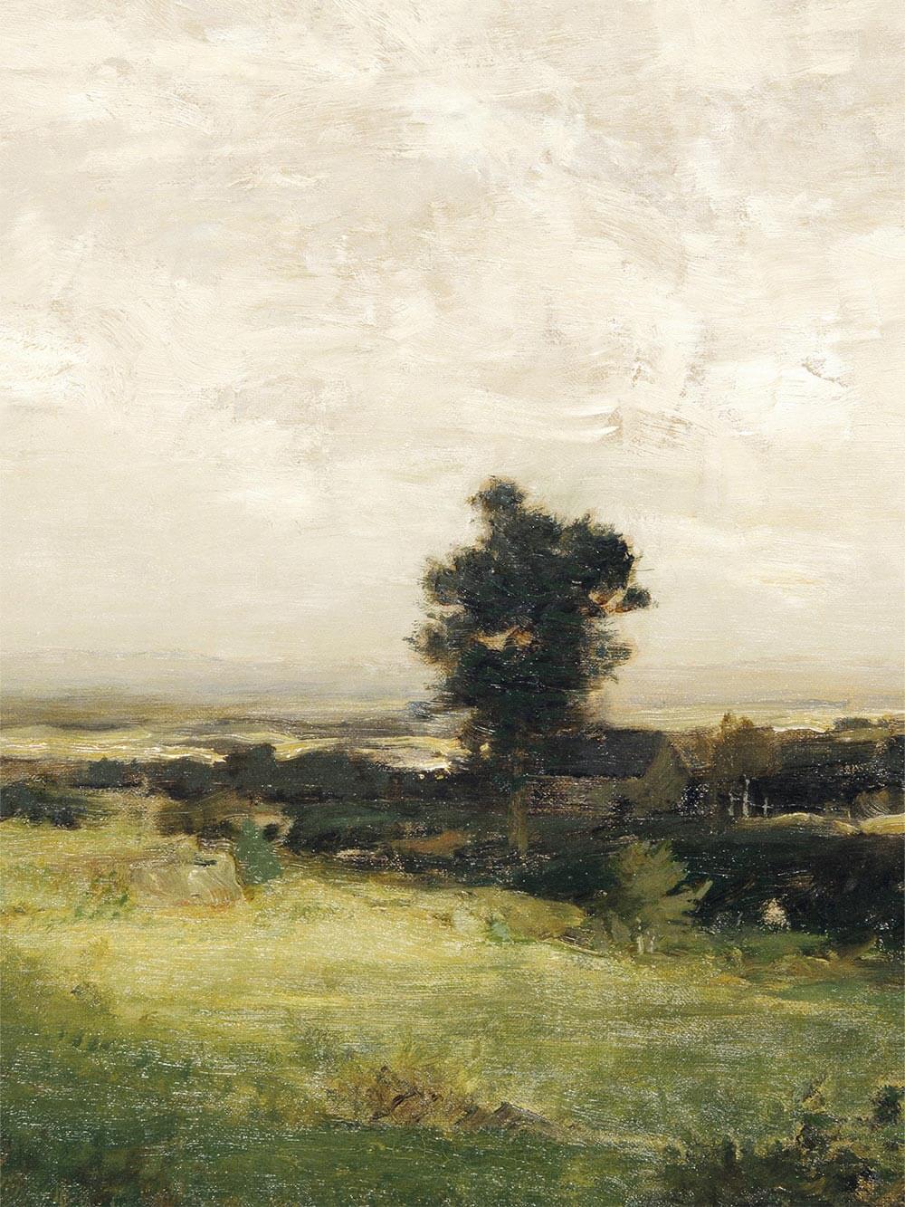 Nahaufnahme einer impressionistischen Landschaft mit feinen Pinselstrukturen, sanften Grüntönen und heller Himmelspartie. Zeigt die Textur und Tiefe des Kunstdrucks – ideal für naturinspirierte Raumdekoration.