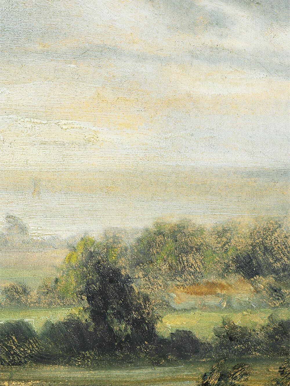 Detailausschnitt eines Panorama-Landschaftsgemäldes mit sanften Grüntönen, Nebelschleiern und feiner Pinselstruktur – ein zeitloser Vintage-Kunstdruck für stilvolle Wanddekoration.
